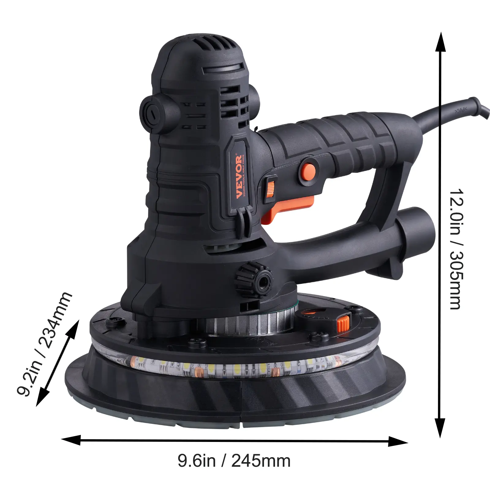 Drywall Sander, 800W Electric Sander with 12 Sanding Discs, Variable Speed 1200-2300 RPM Wall Sander with Automatic Vacuum Dust Collection System, Double LED Lights, Dust Bag, Detachable Edge