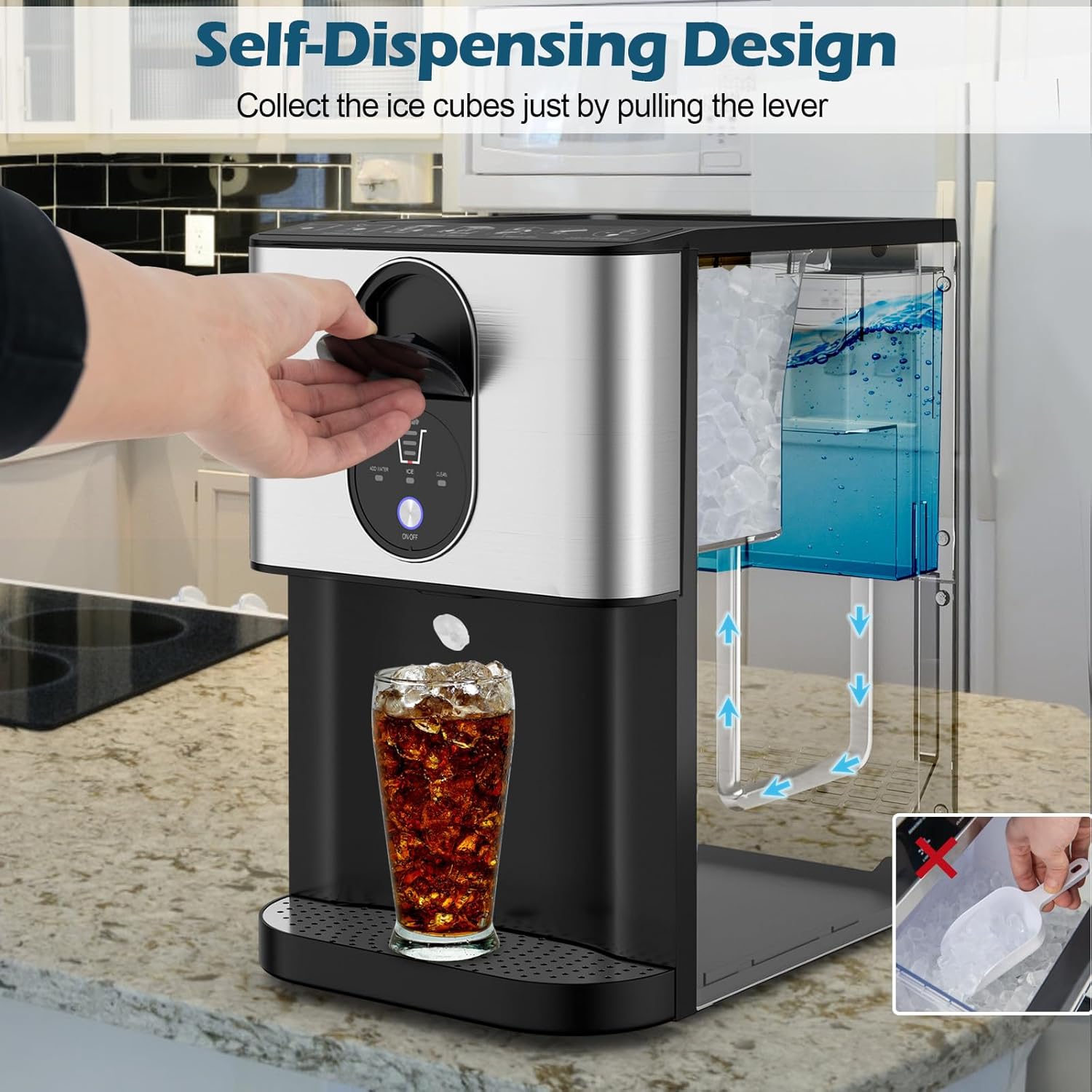 Ice Maker Countertop, 56 lbs/24 H Chewable Ice Making Machine w/Self-Cleaning System, Self-Dispensing Pellet Ice Machine w/ 0.63 gal Water Tank for Home & Kitchen
