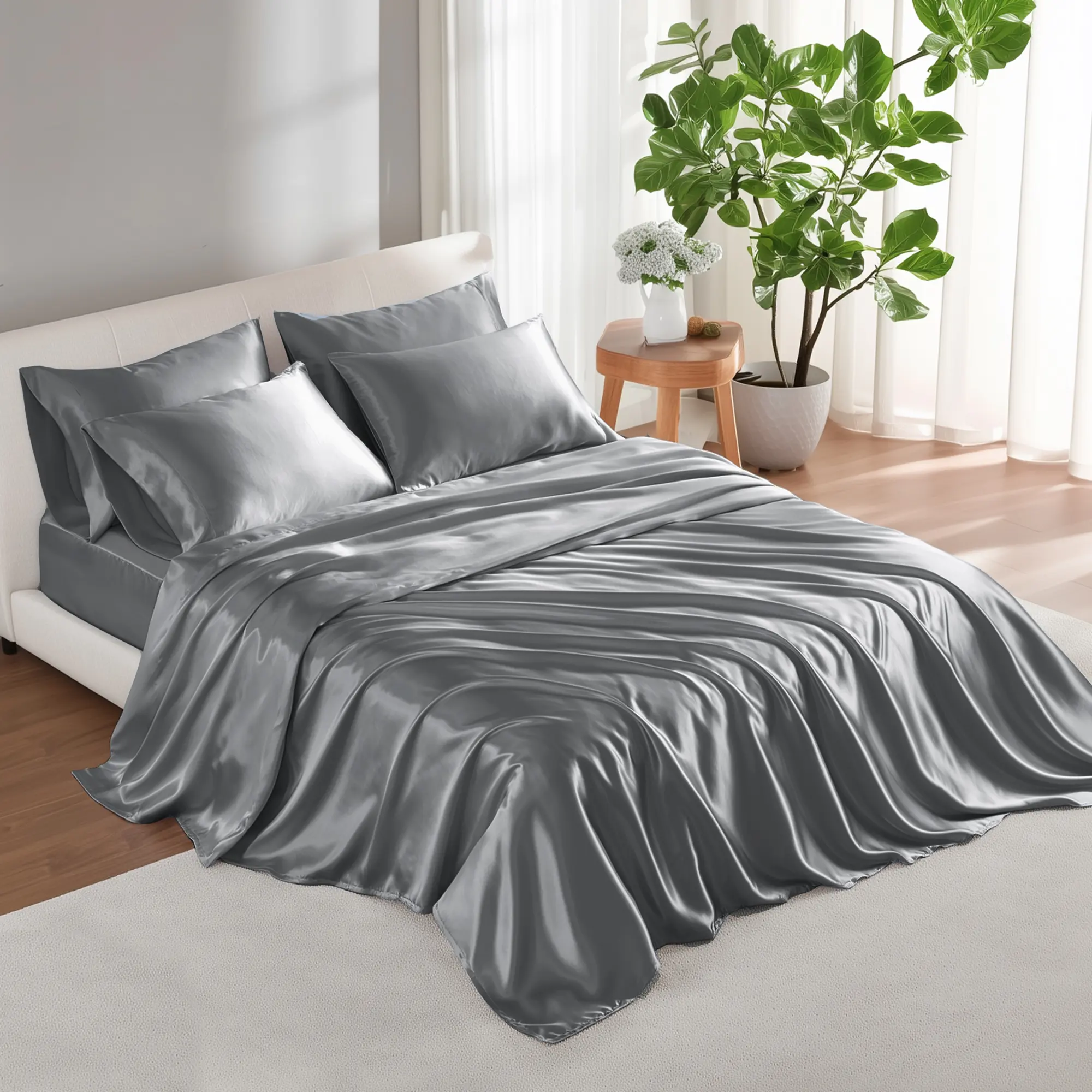6 Piece Solid Color Satin Sheets Set