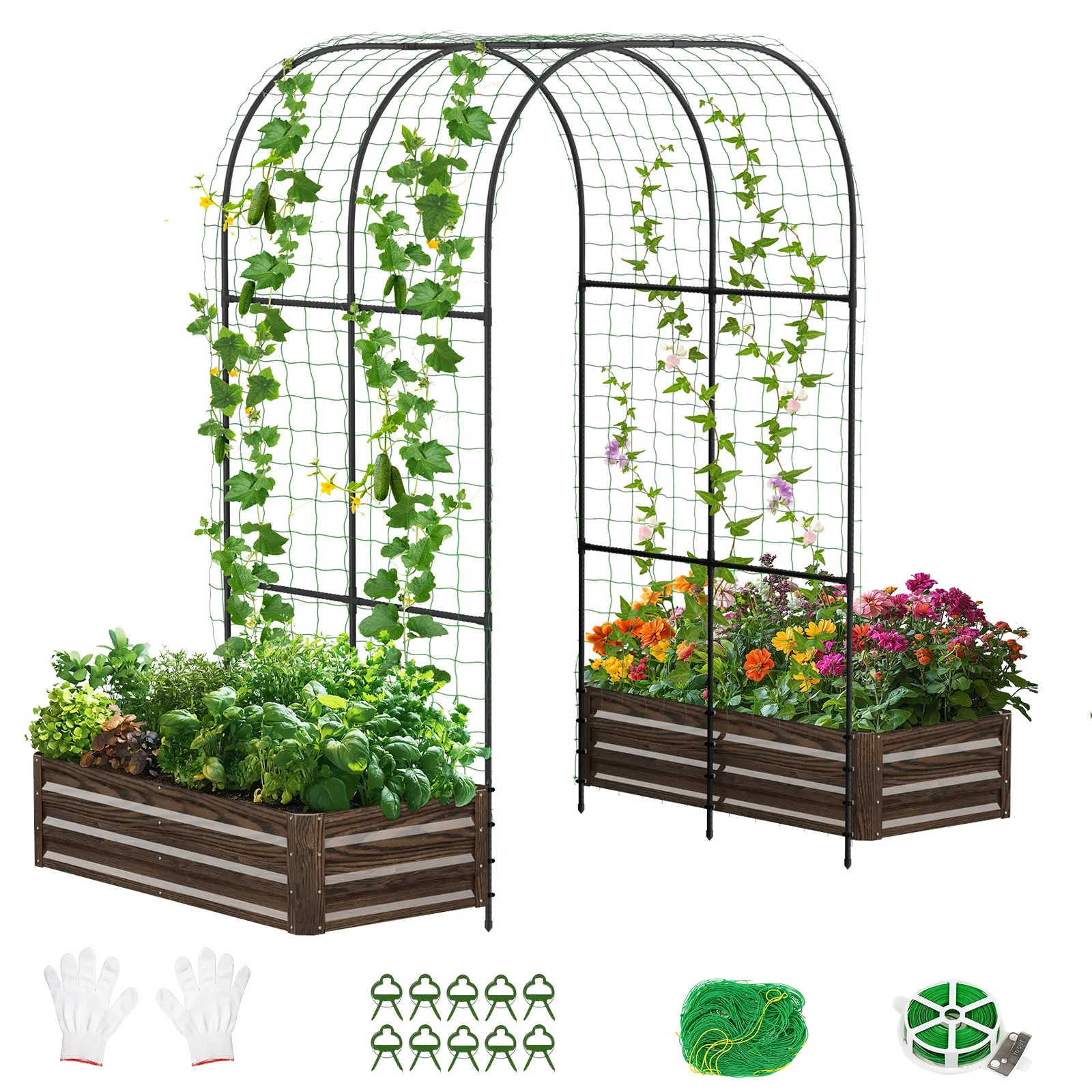 3-in-1 DIY Metal Raised Garden Bed with Arch Trellis, Wind-Resistant Heavy Duty Planter Box with Netting, Open Bottom Garden Bed for Climbing Plants Vegetables Flowers