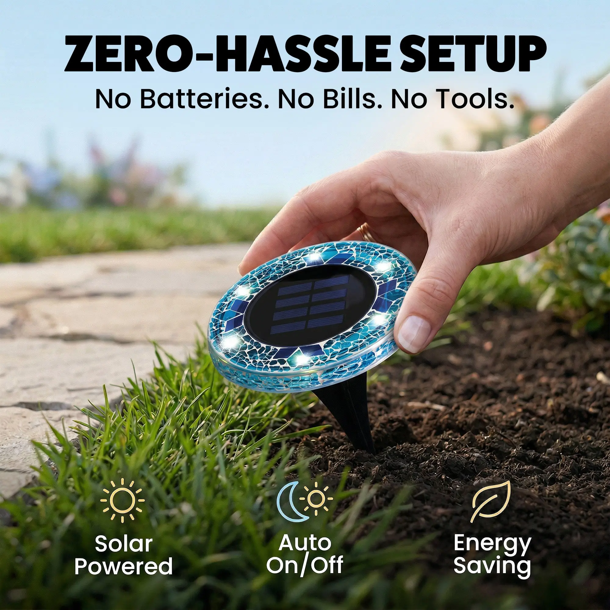 Solar Outdoor Mosaic Disk Lights, Waterproof Decorative Pathway LED Light, Auto On/Off