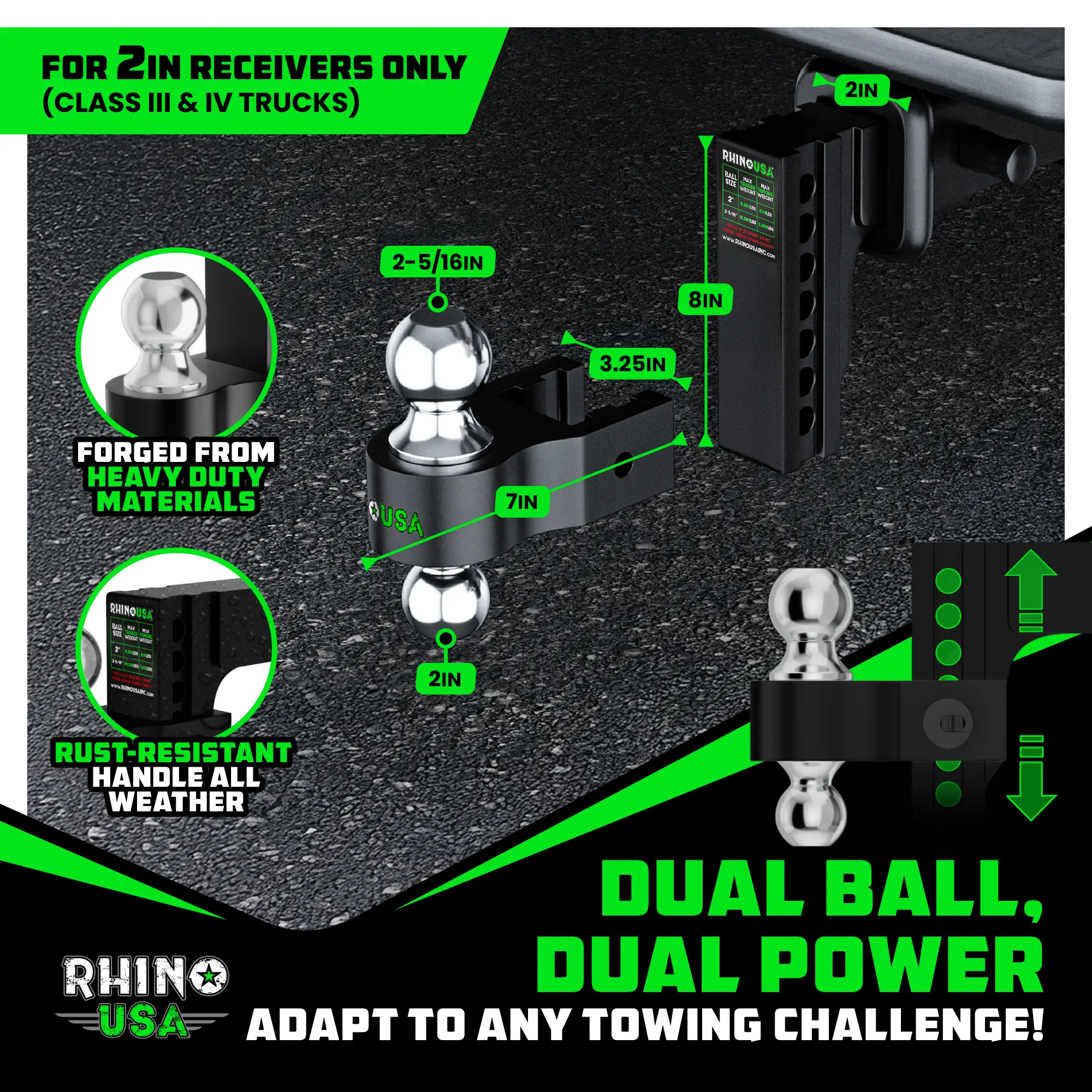 Adjustable Trailer Hitch – 2'' Receiver, Heavy-Duty Aluminum Drop Hitch, 12,500 lb Towing Capacity