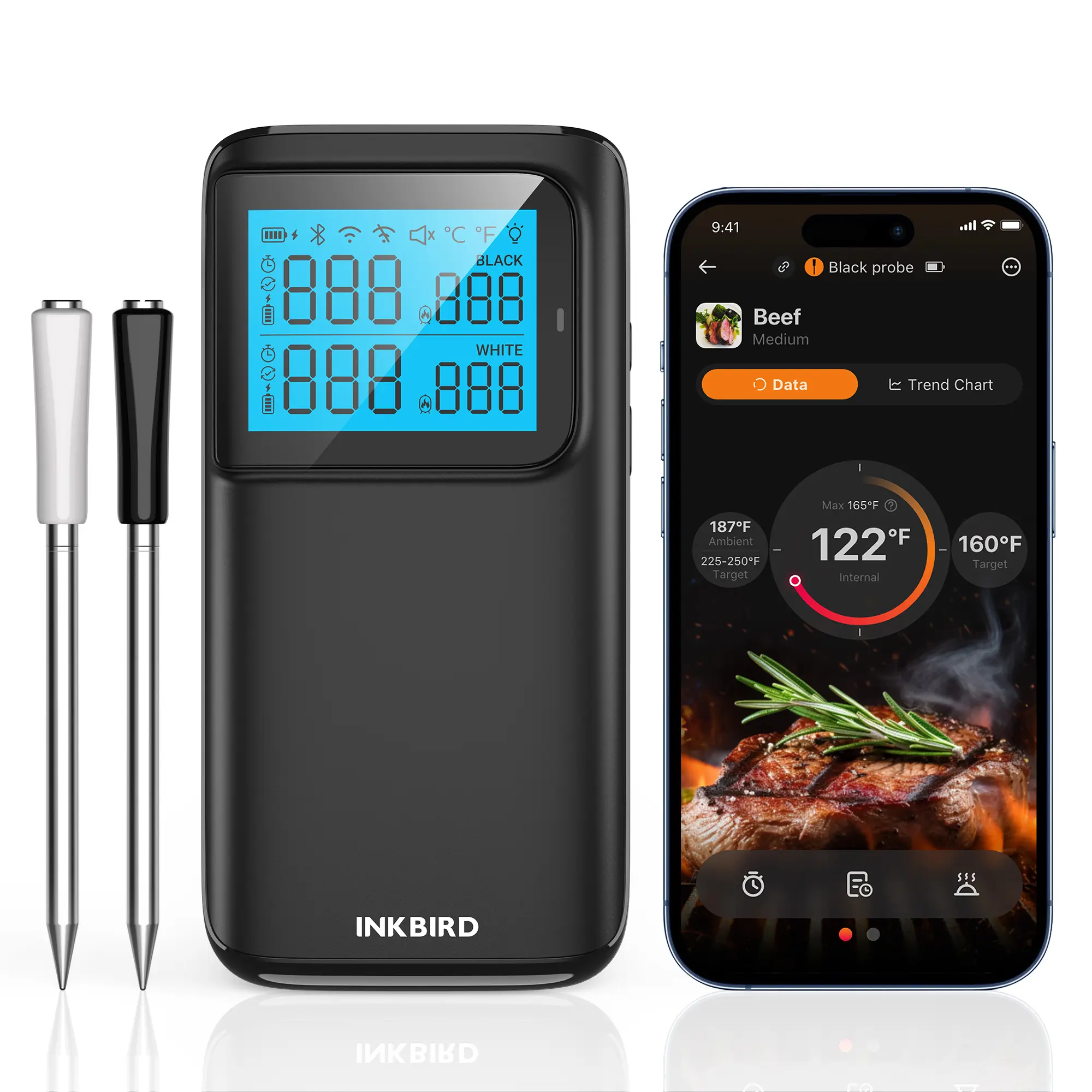 Wireless Digital Food Thermometer - WIFI & Bluetooth Portable LCD Kitchen Gadget, IP67 Waterproof Kitchen Thermometer for Grill BBQ, Cooking