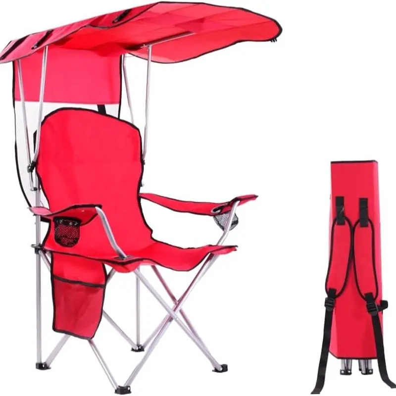 New Upgrade Wide lawn chair, camping chair with foldable sunshade, suitable for beach camping, foldable outdoor fishing/sports | Comes with two cup holders and storage bag summergarden