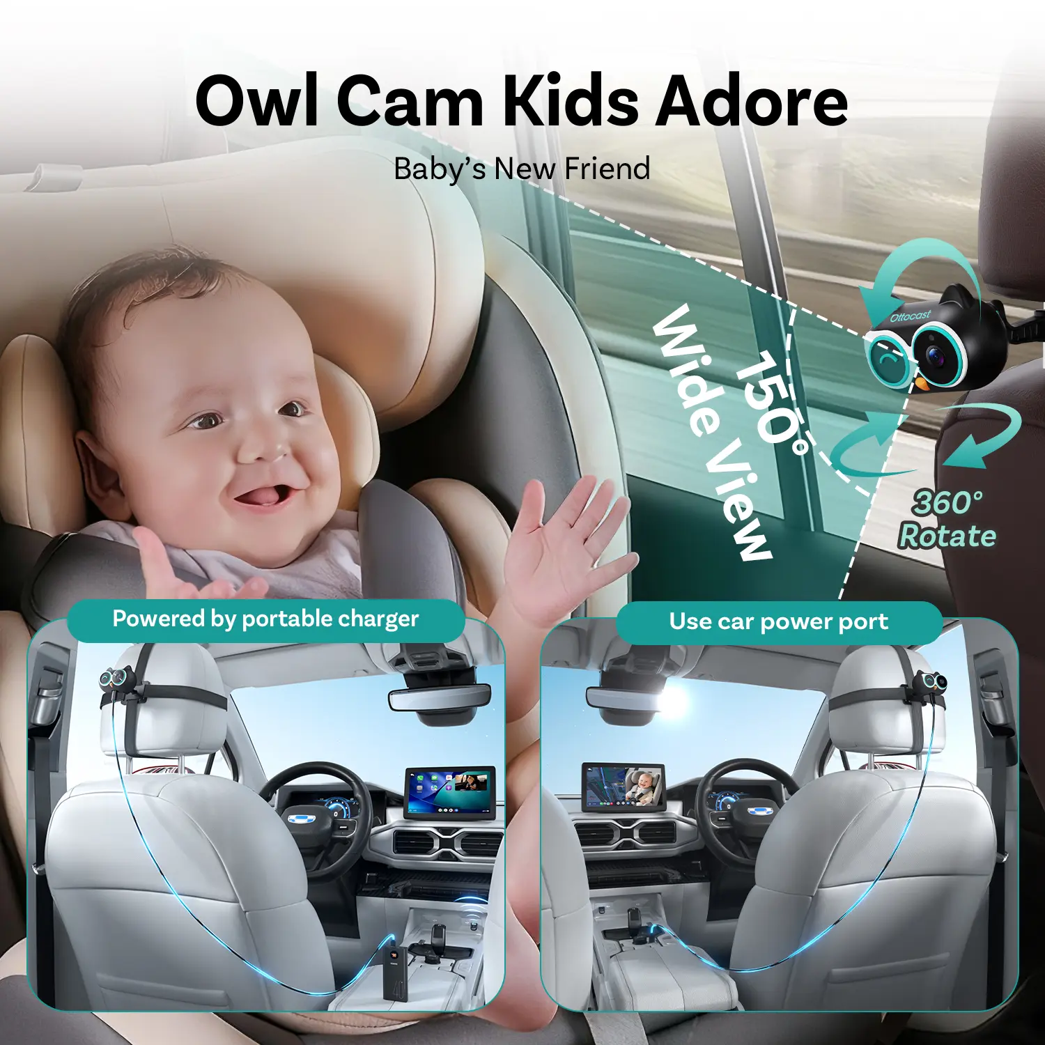 OTTOCAST Baby Car Camera &Wireless CarPlay Adapter,1080P HD Rear Seat Monitor Display on Car Screen,150°Wide Angle No-Glow Night View, Safety for Kids & Infants