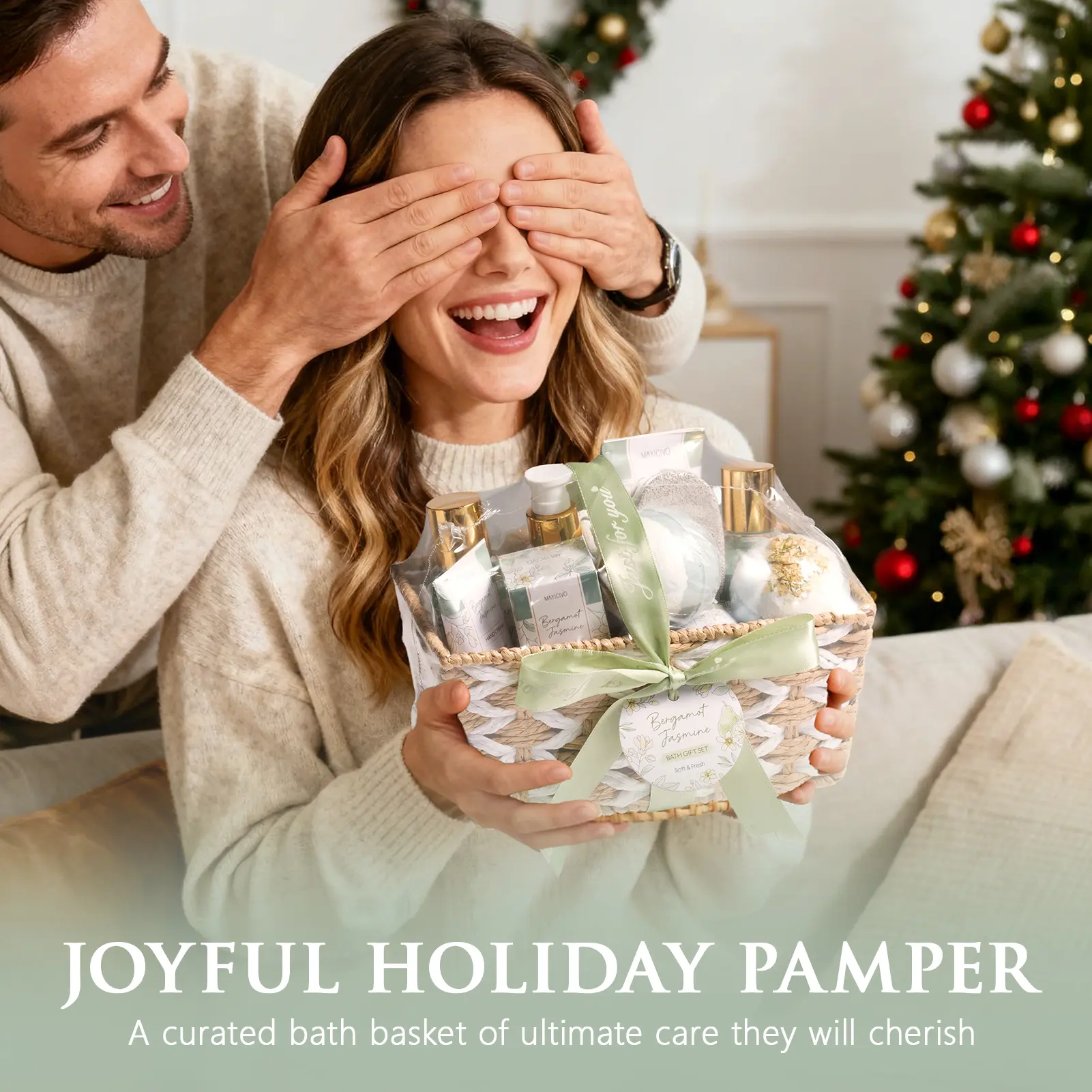 Valentine's Day Gifts for Women, Bergamot Jasmine Relaxing Spa Gift Baskets for Women Self Care Package Bath Gift Set, Home Bath and Body Kit