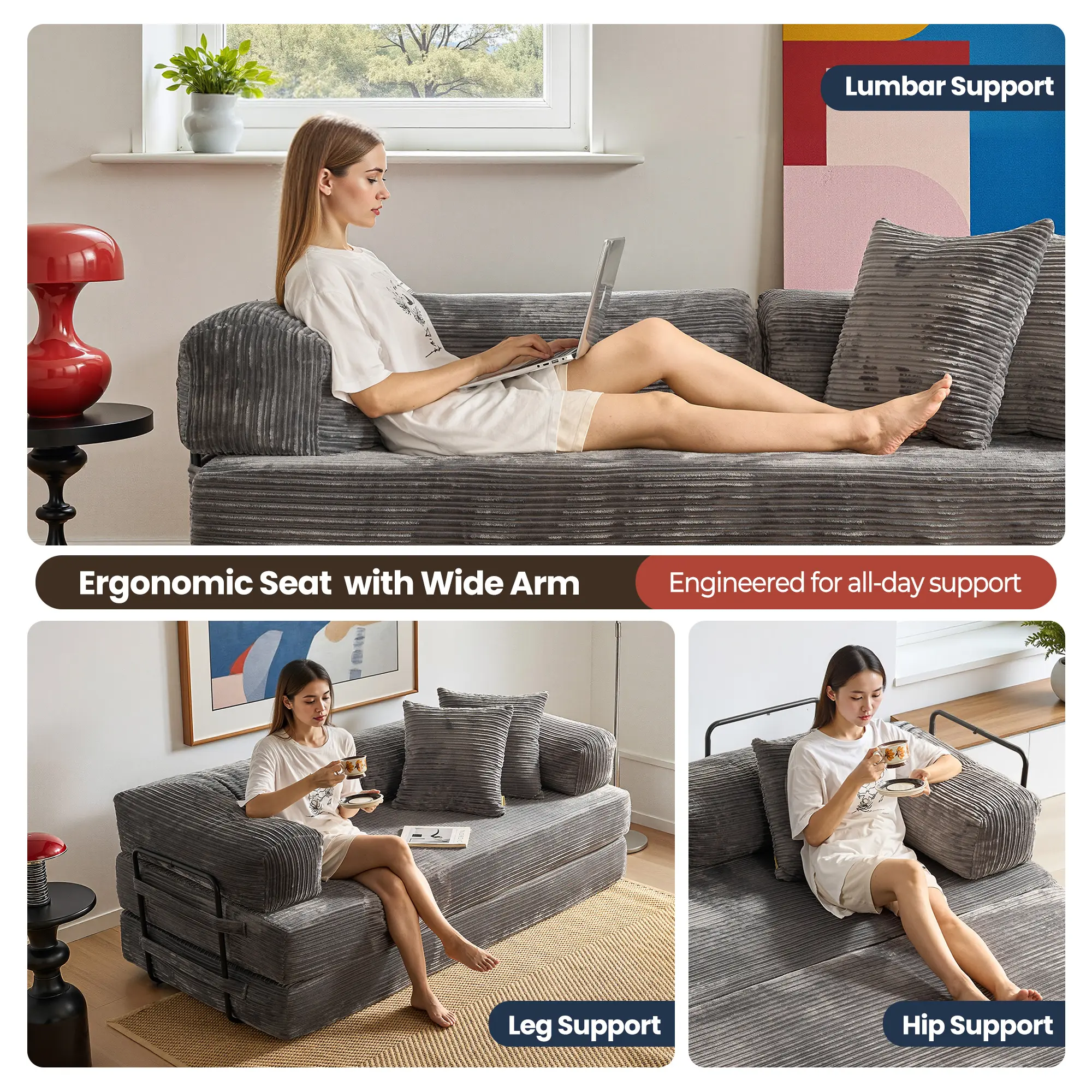 80"Oversized Boneless Couch, 5-in-1 Convertible Sleeper Sofa Bed, Deep Seat Corduroy Modular Floor Sofa, Foldable Pull-Out Couch for Living Room, Apartment,No Assembly