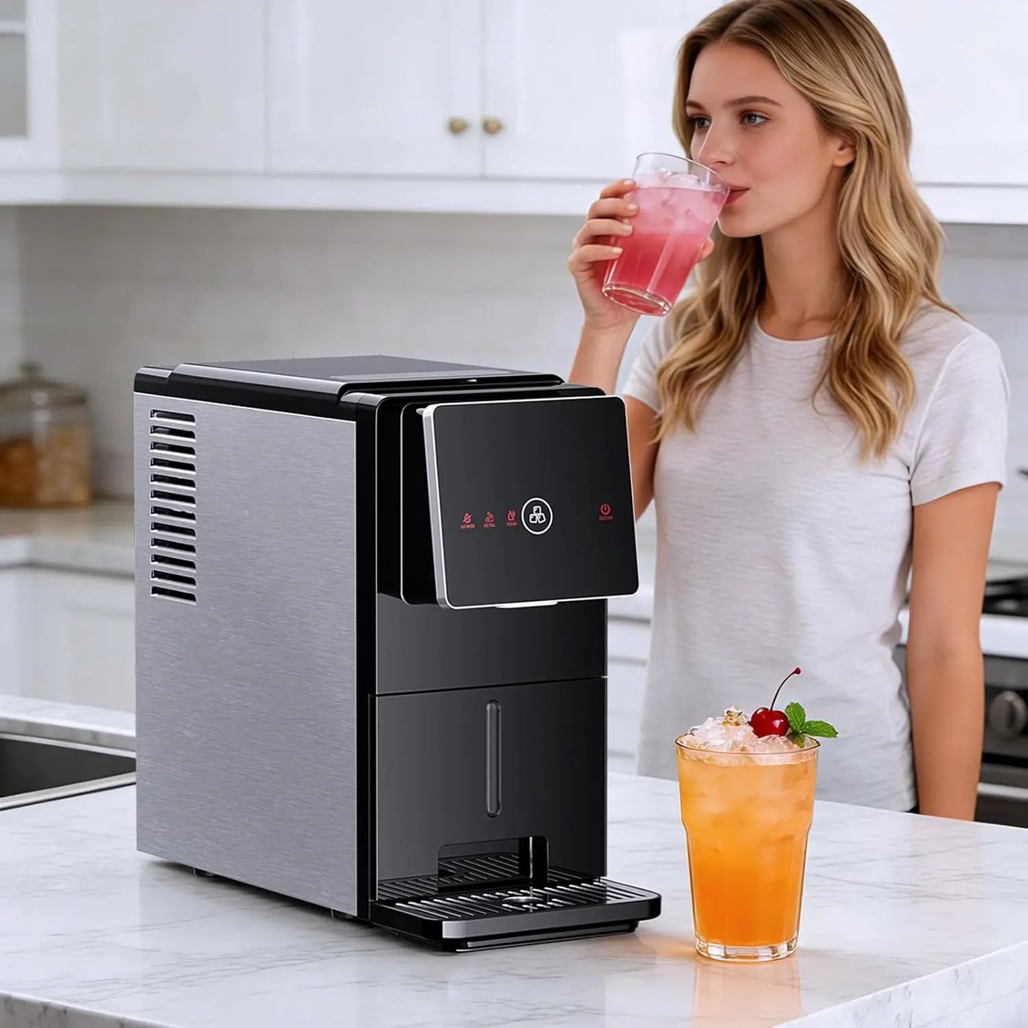 Countertop Nugget Ice Maker 24lbs/Day Self-Cleaning Sonic Ice Maker 1.8L Water Tank Touch Screen Auto Ice Drop for Home Office Kitchen
