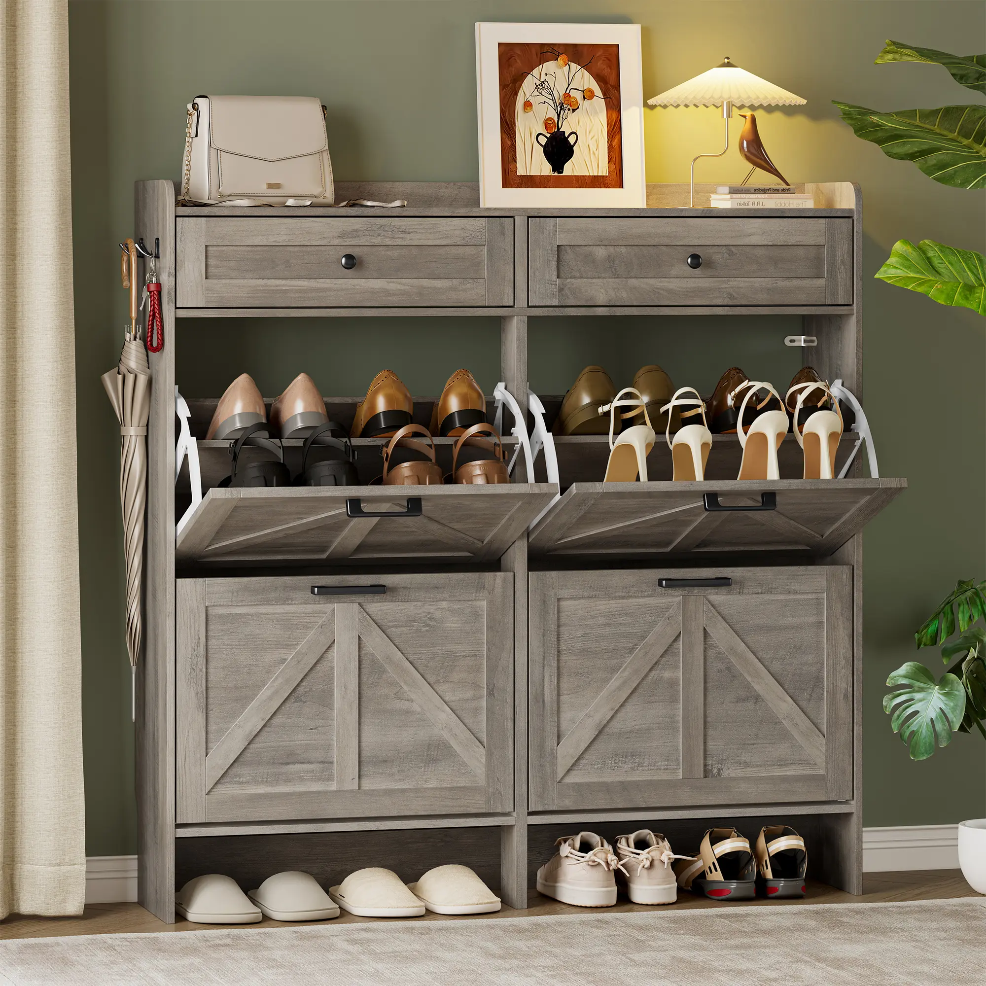 Shoe Storage Cabinet for Entryway, Farmhouse Wide Shoe Cabinet with 4 Flip Drawers and 2 Top Drawers, Freestanding Organizer with Adjustable Shelves, Hooks