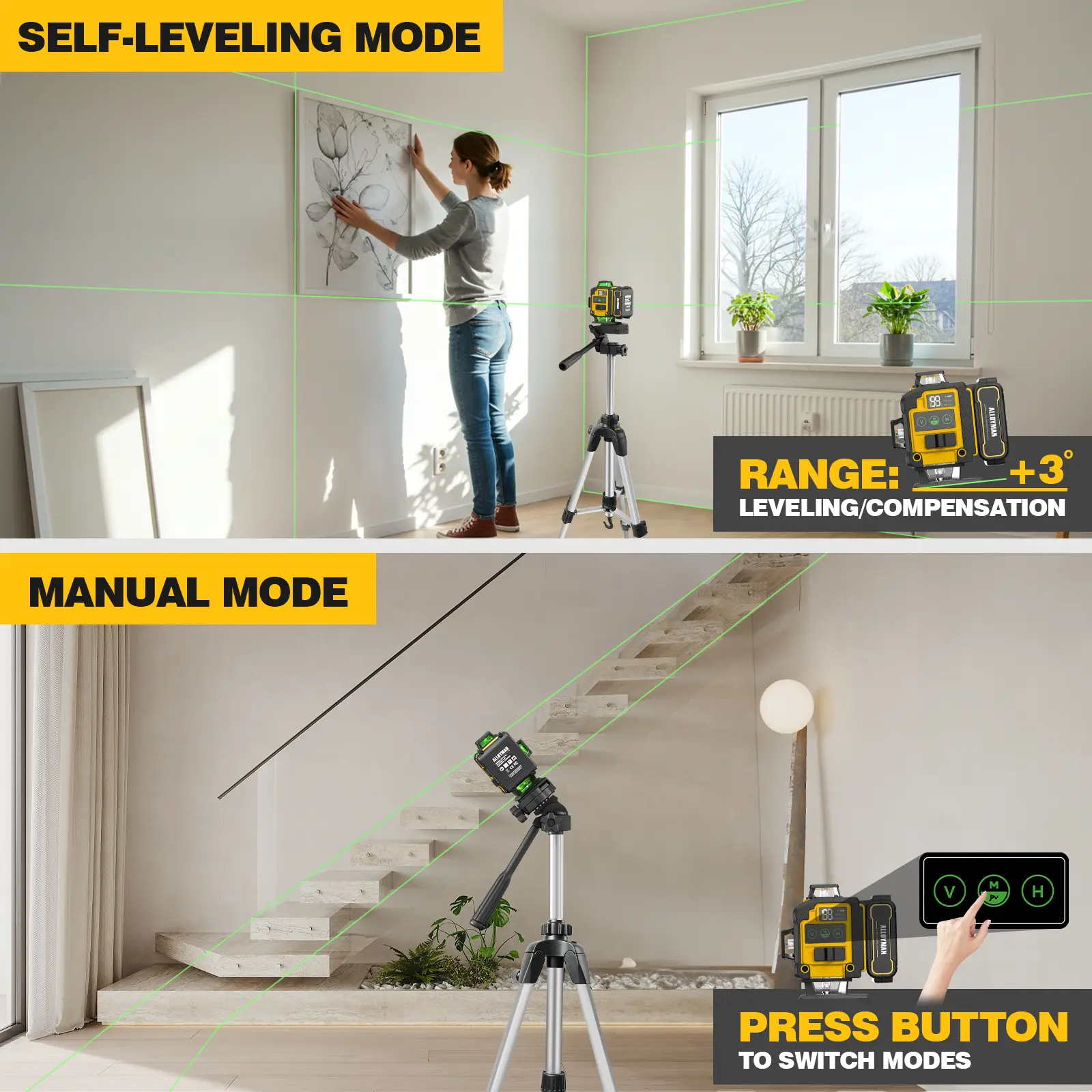 Laser Level with Tripod, 4x360° Self Leveling Laser Level, 16 Line-Green Line Laser 4D with 2Pcs Lithium Batteries for Picture Hanging, Tile, Home Renovation, Indoor Project, Great Gift Ideas for a Perfect Christmas and New Year