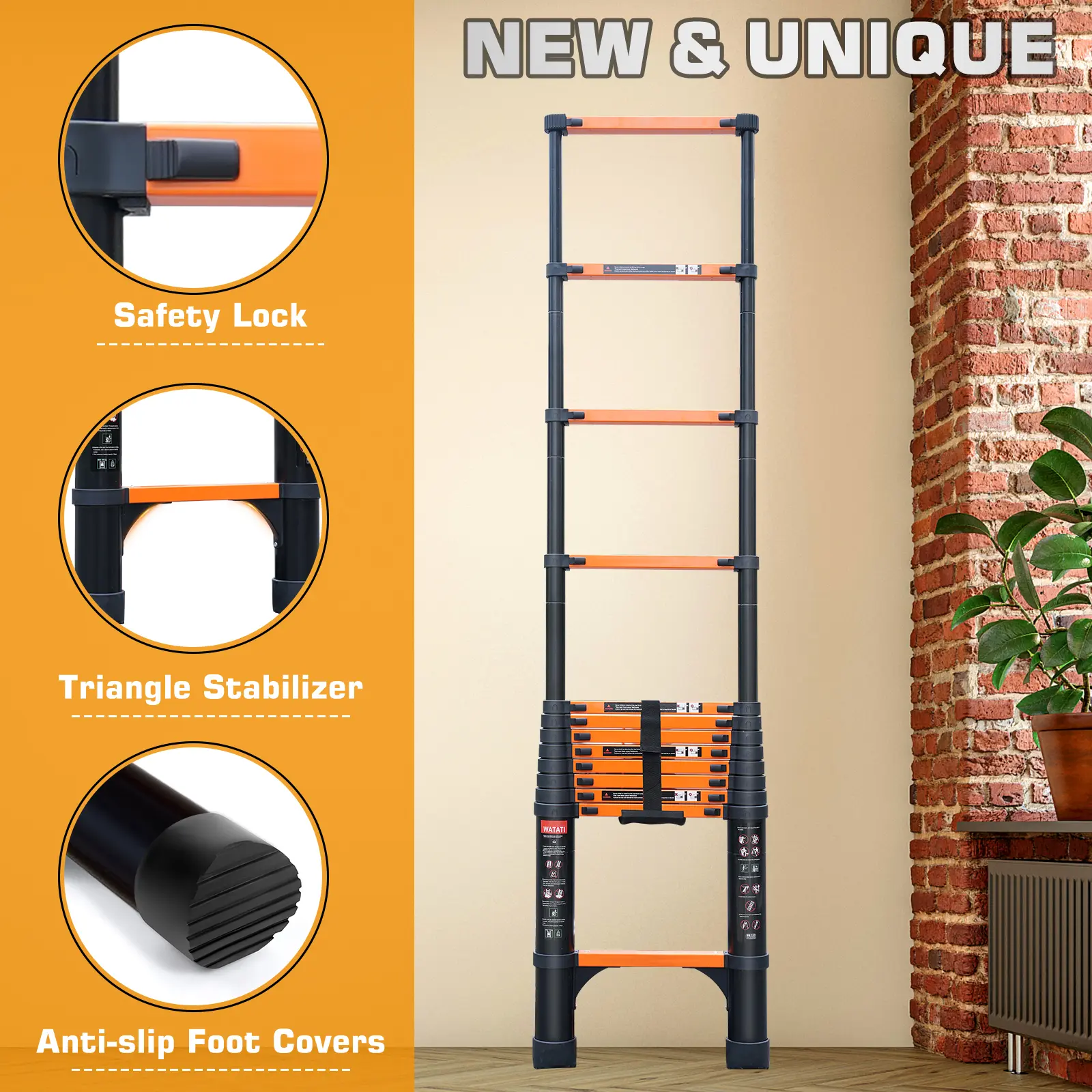 Telescopic ladder 20.3/23ft Aluminum extension ladder, Heavy Duty 330lbs Max Capacity,with 2 Triangle Stabilizers, Multi-Purpose Collapsible Ladder