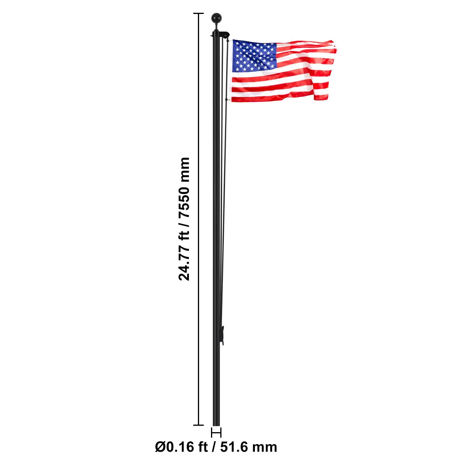 25FT Sectional Flag pole Kit,  , Heavy Duty Aluminum Alloy in Ground Flag poles for Outside, 3 Display Modes Flagpole with 3x5 American Flag, Professional Accessories, Black Banners Lightweight