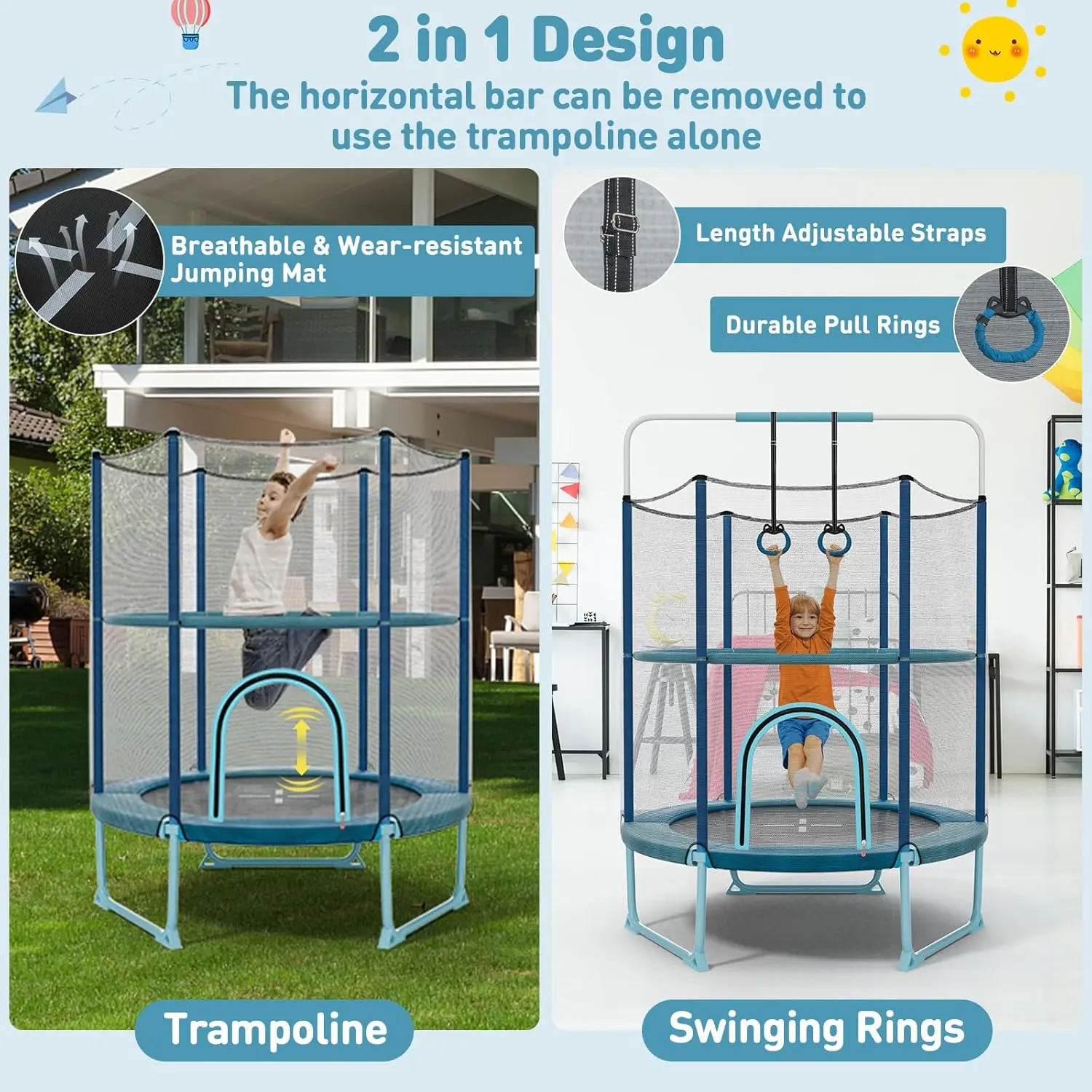 55"/60" Trampoline for Kids, No-Gap Jumping Mat, Easy to Assemble, Indoor/Outdoor, Ideal Gift for Boys and Girls,Summervibes