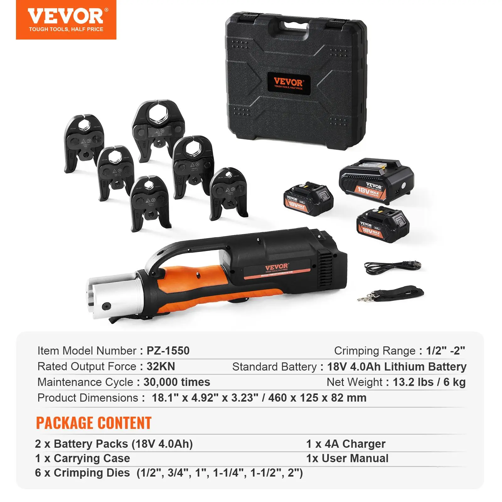 Press Tool, 18V Electric Pipe Crimping Tool for 1/2" to 2" Stainless Steel