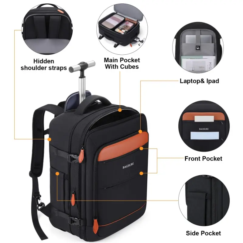 Rolling Backpack with Wheels 17.3 Inch Carry-On Laptop Backpack for Men Women Large Capacity Durable Travel Backpack with USB Port & Anti-Theft Features
