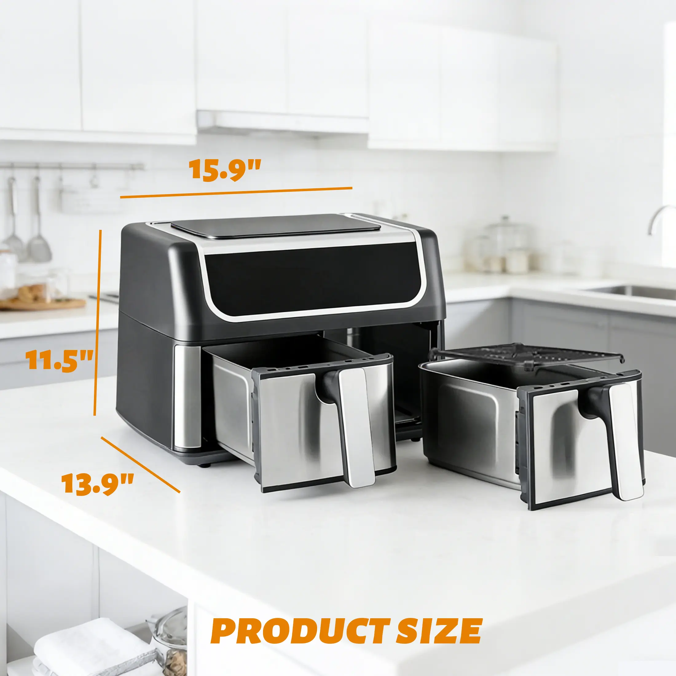 9QT Dual Basket Air Fryer, Oven 10-in-1，2 Independent Nonstick Baskets with Easy View Windows, Sync Finish & Hi-Fry Functions,Wide Temperature Range (200°F – 450°F)， Digital Double Air Fryer