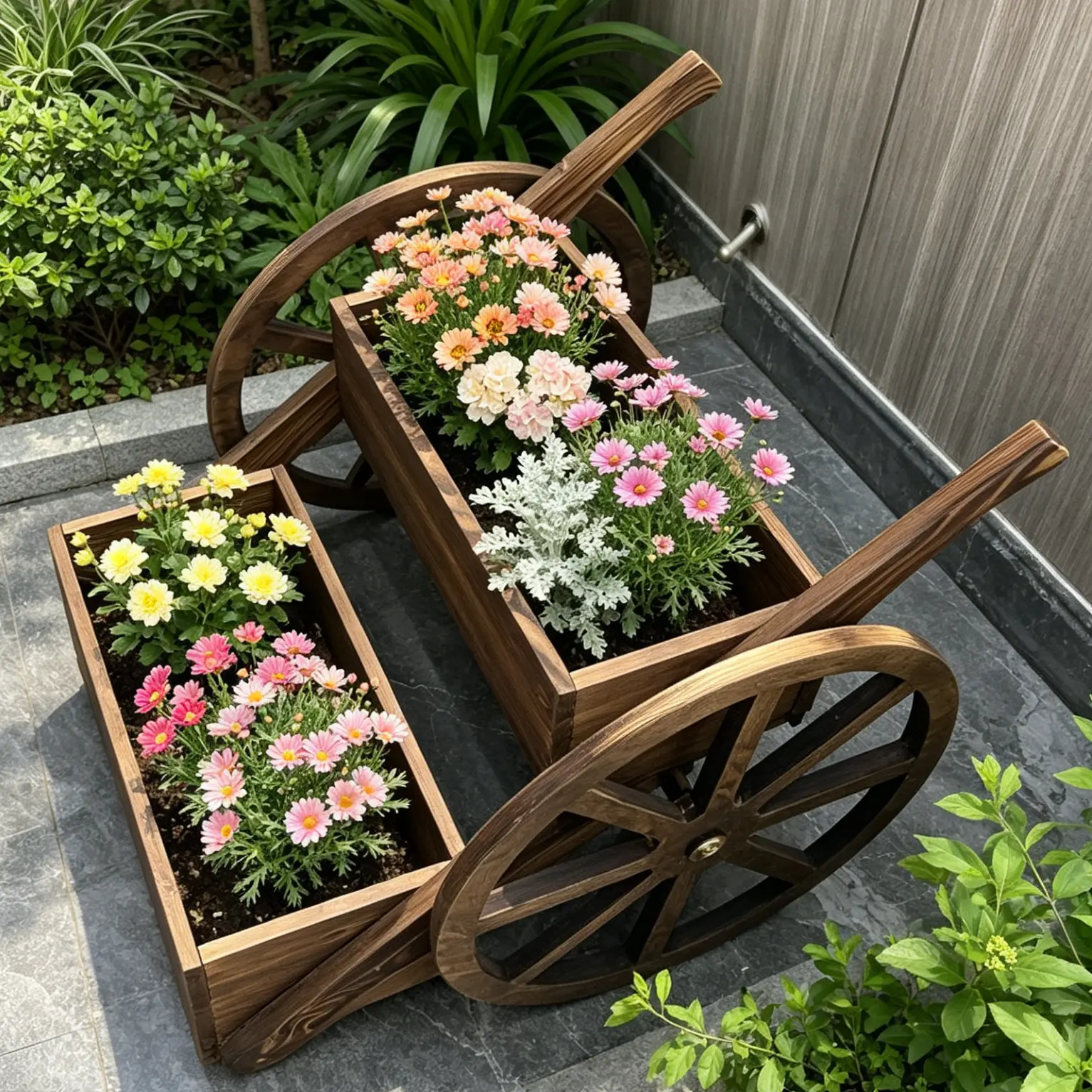 2-Tier Wooden Wagon Planter Box
