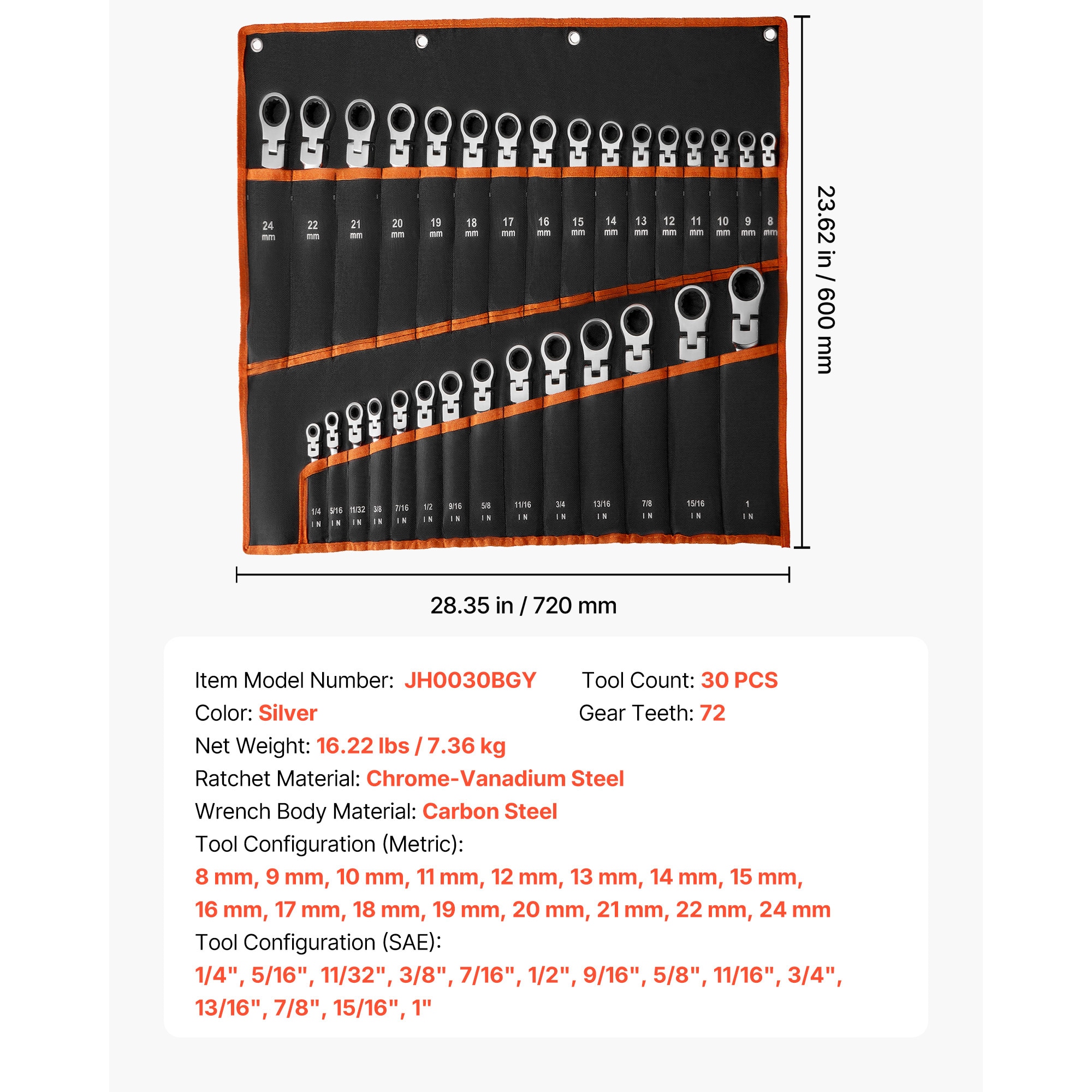 30-Piece Multifunctional Flex-Head Ratcheting Wrench Set