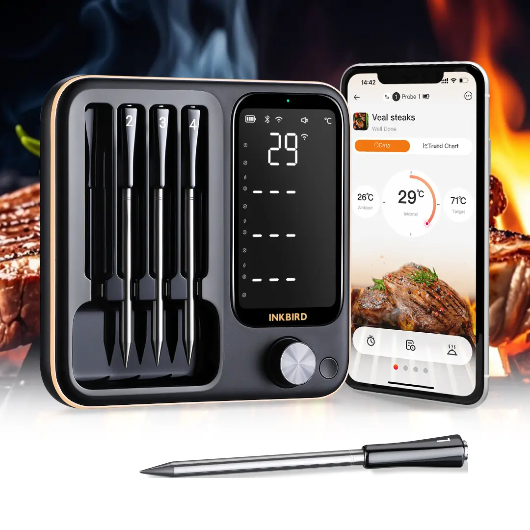 Wireless Digital Food Thermometer - WIFI & Bluetooth Portable LCD Kitchen Gadget, IP67 Waterproof Kitchen Thermometer for Grill BBQ, Cooking