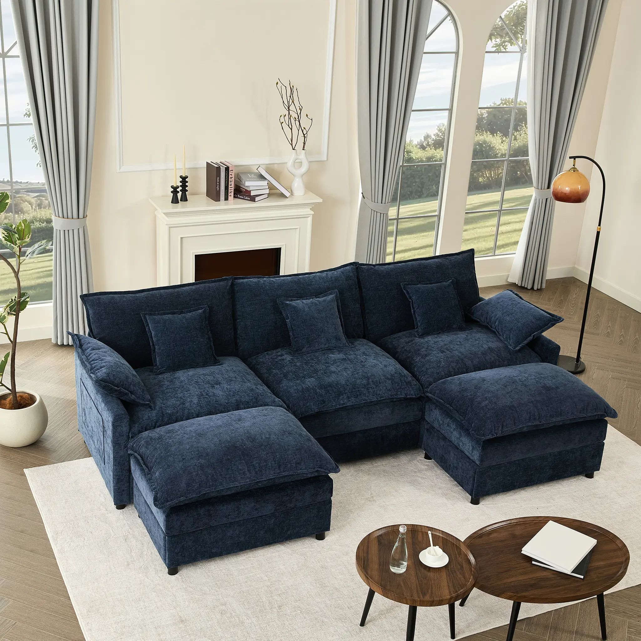 108" U-Shaped Modular Sectional Sofa - Comfy Cloud 3-Seater with 2 Movable Ottoman, Cloud Sofa,Deep Seat Linen Couch for Living Room, Beige Color ,Comfort & Stylish Design,Chenille pink