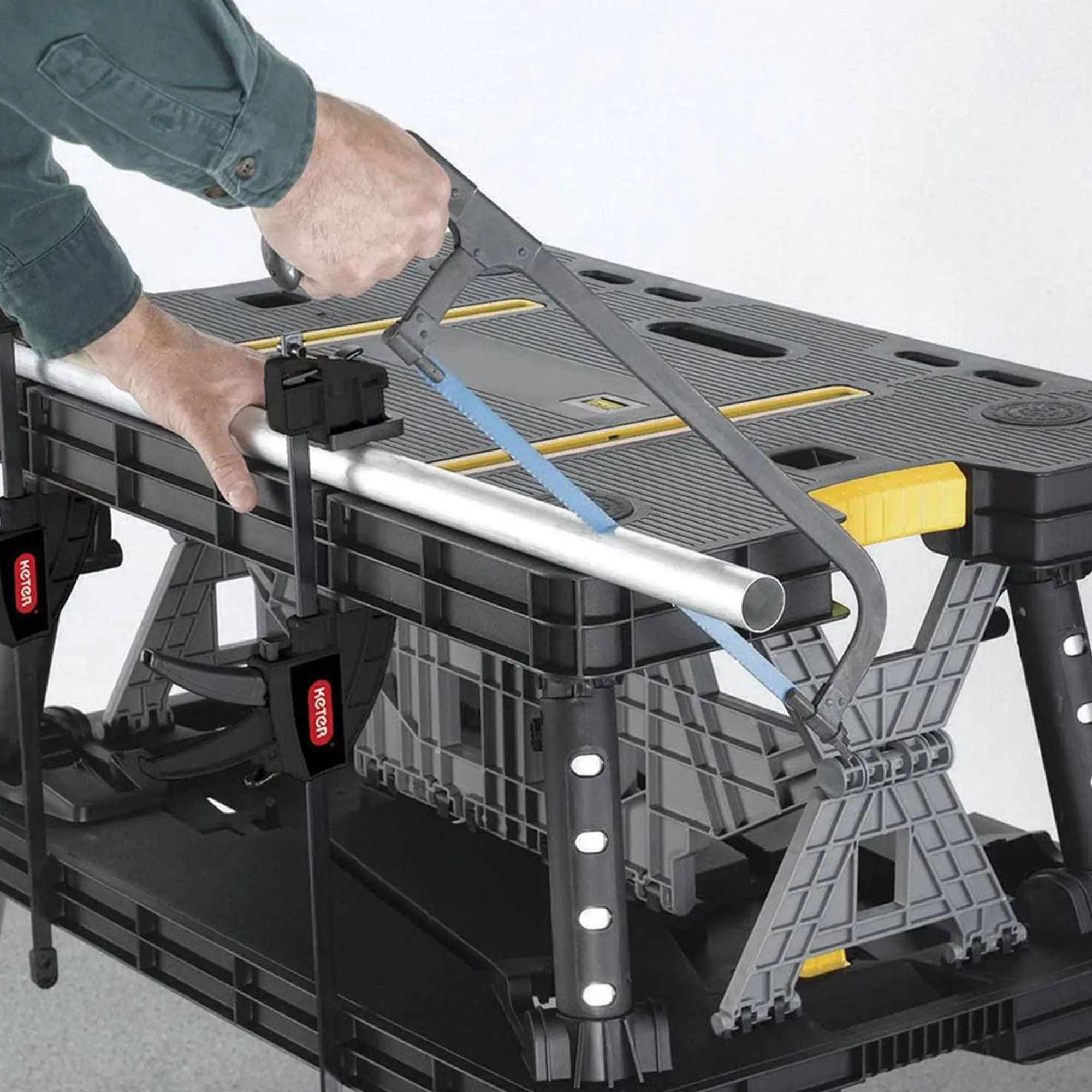 Heavy-Duty Portable Folding Table — Multifunctional Workbench with 12-Inch Clamps, Tool Storage, and Saw Stand