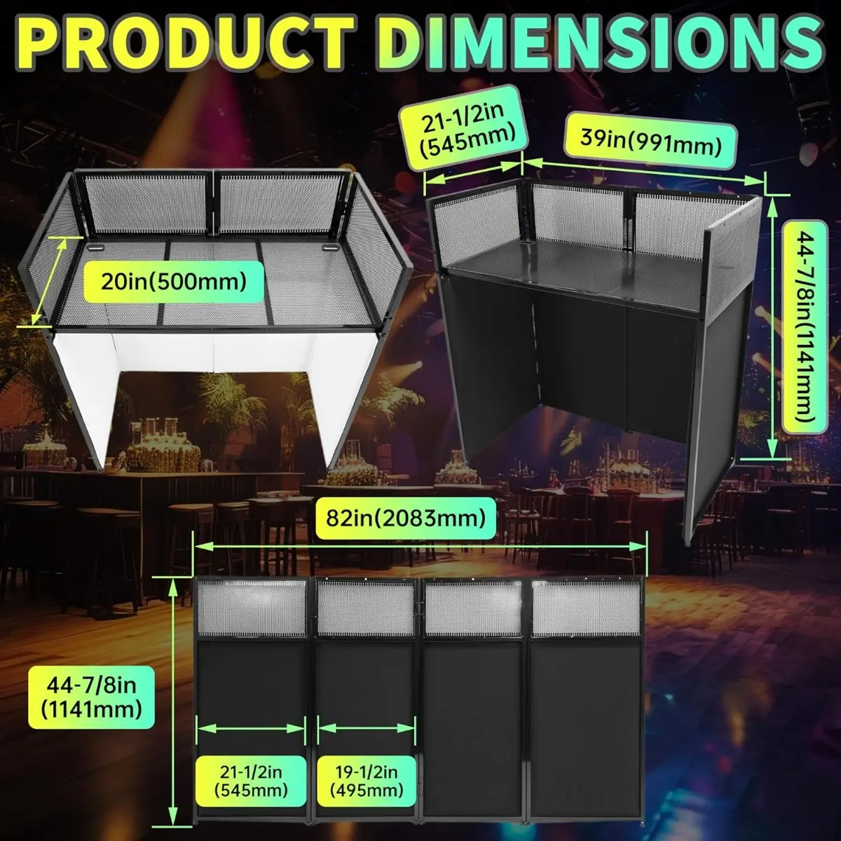 Portable DJ Booth Facade – Foldable DJ Table with Black & White Scrims, Carry Bag & Sturdy Metal Frame for Events