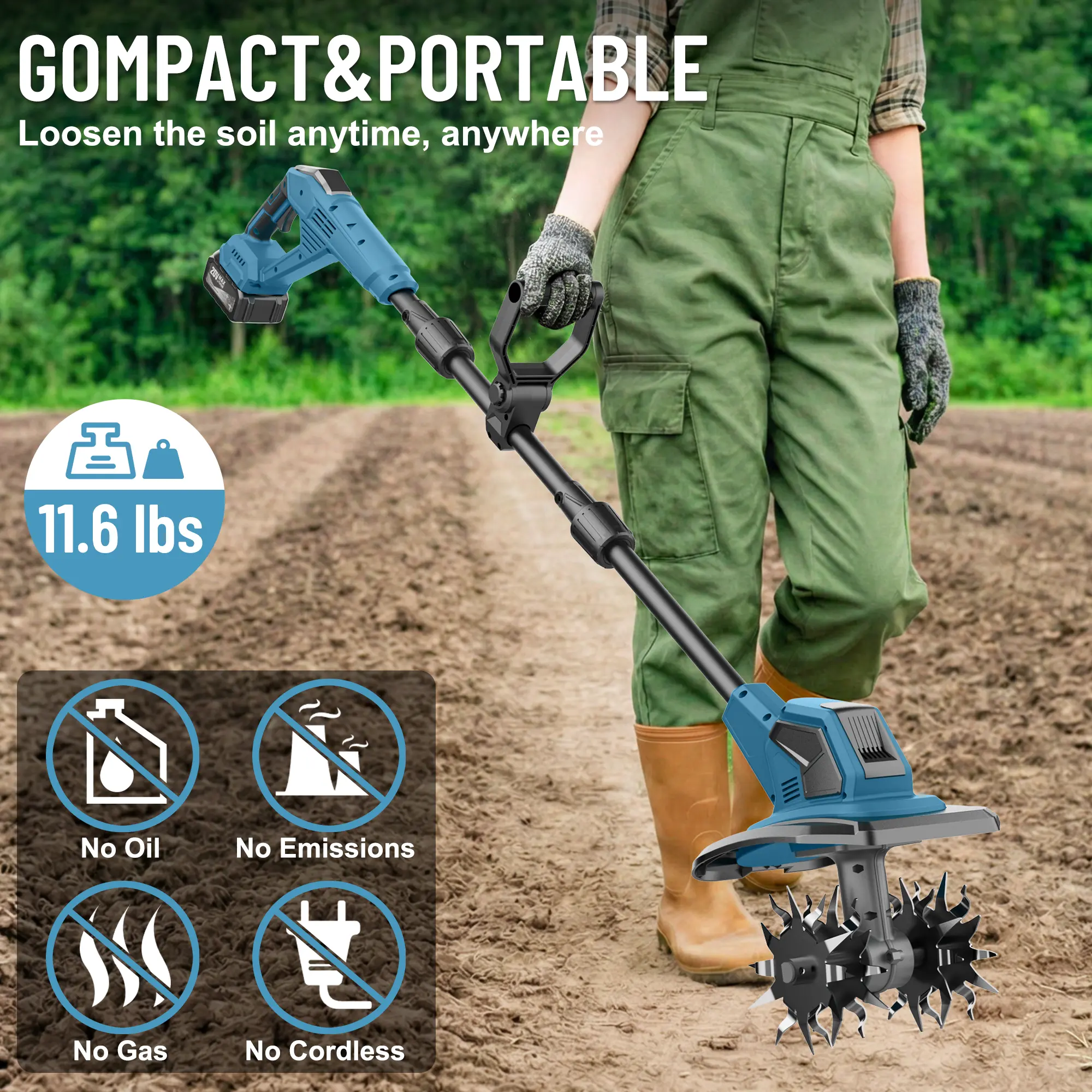 Cordless Cultivator & Tiller, 21V Electric Garden Tillers with 2×4000mAh Battery 120 Mins Runtime, 270 RPM Manganese Steel Blades, Lightweight 11.6 lbs, Ergonomic Design for Vegetable Plots Flowerbeds