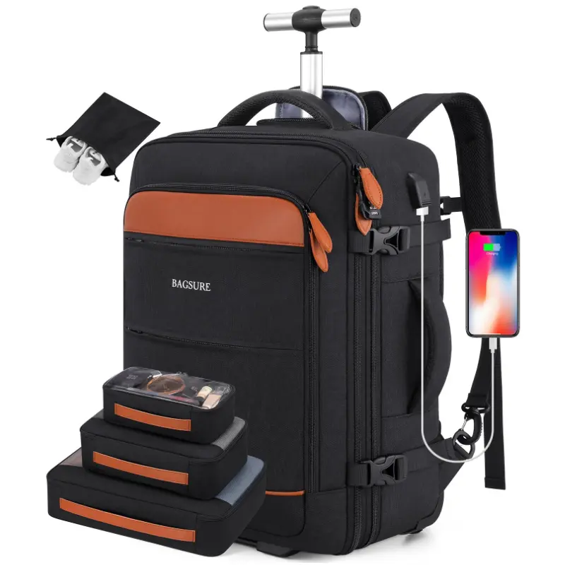 Rolling Backpack with Wheels 17.3 Inch Carry-On Laptop Backpack for Men Women Large Capacity Durable Travel Backpack with USB Port & Anti-Theft Features