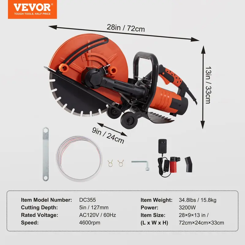 16'' Electric Concrete Saw – 3200W Circular Cutter with 6'' Cutting Depth, Water Pump & Blade for Stone & Brick