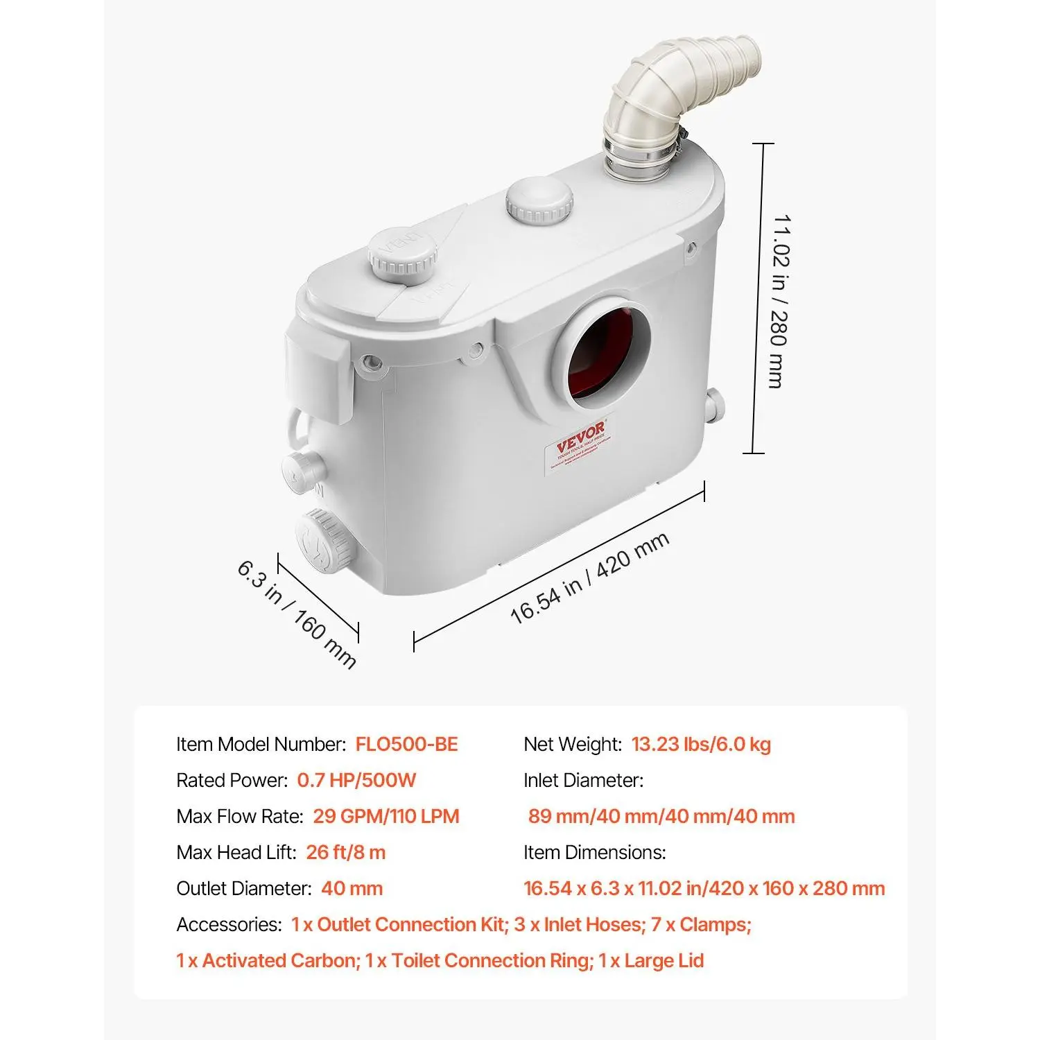 Pro-Grade 700W Macerator Pump - 9600 L/h Heavy Duty Sewerage Sump Pump with 3 Water Inlets for Toilet, Basement, Kitchen & Sink