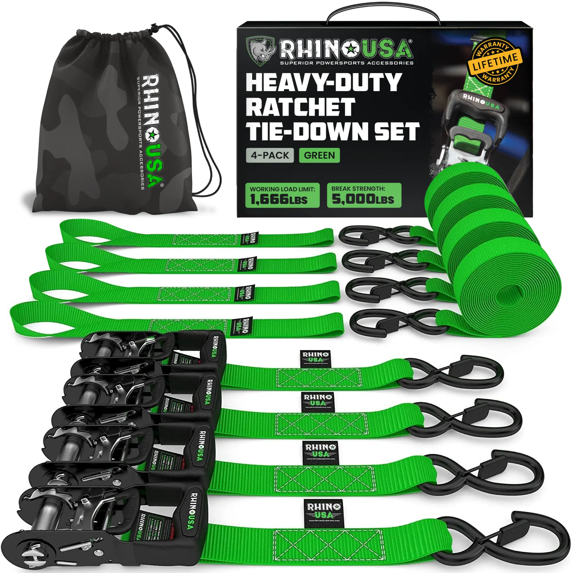 TRADITIONAL Ratchet Straps Heavy Duty Kit - 1.6 Inch x 8ft -15ft (5,208lb Break Strength) 2-4 pack