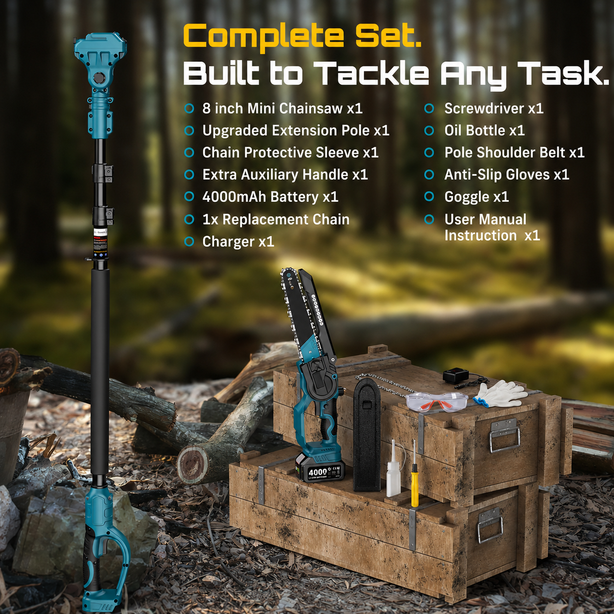 2 in 1 Cordless Pole Saw & Mini Chainsaw with 2 Batteries