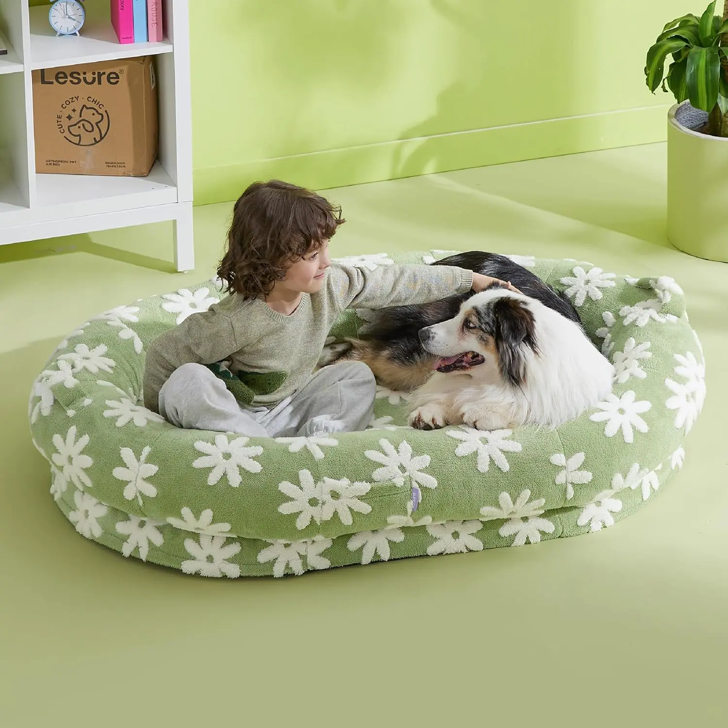 Luxury Warm Foldable 3-in-1 Flexible Giant Human Dog Bed Cozy Fluffy Faux Fur Lounge Sofa with Supportive Bolster Egg Foam Soft Plush Calming Orthopedic Bed for Comfort Classic Lounge Sofa