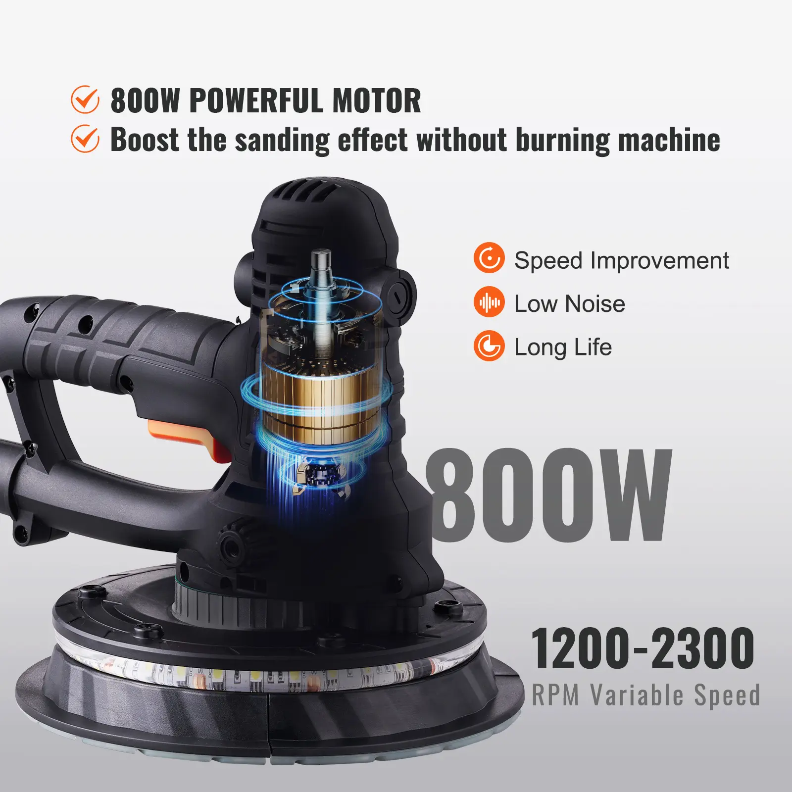 Drywall Sander, 800W Electric Sander with 12 Sanding Discs, Variable Speed 1200-2300 RPM Wall Sander with Automatic Vacuum Dust Collection System, Double LED Lights, Dust Bag, Detachable Edge