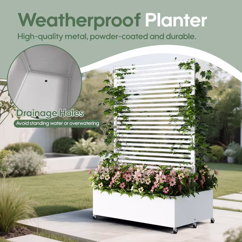 [Planter Box With Trellis] Metal Planter Box With Trellis Privacy Screen, 73"x 47"x 30" Double Planter Box, Raised Garden Bed With Trellis & Wheels, Planter Box Outdoor With Drainage Holes For Climbing Plants, Vegetable, Vines