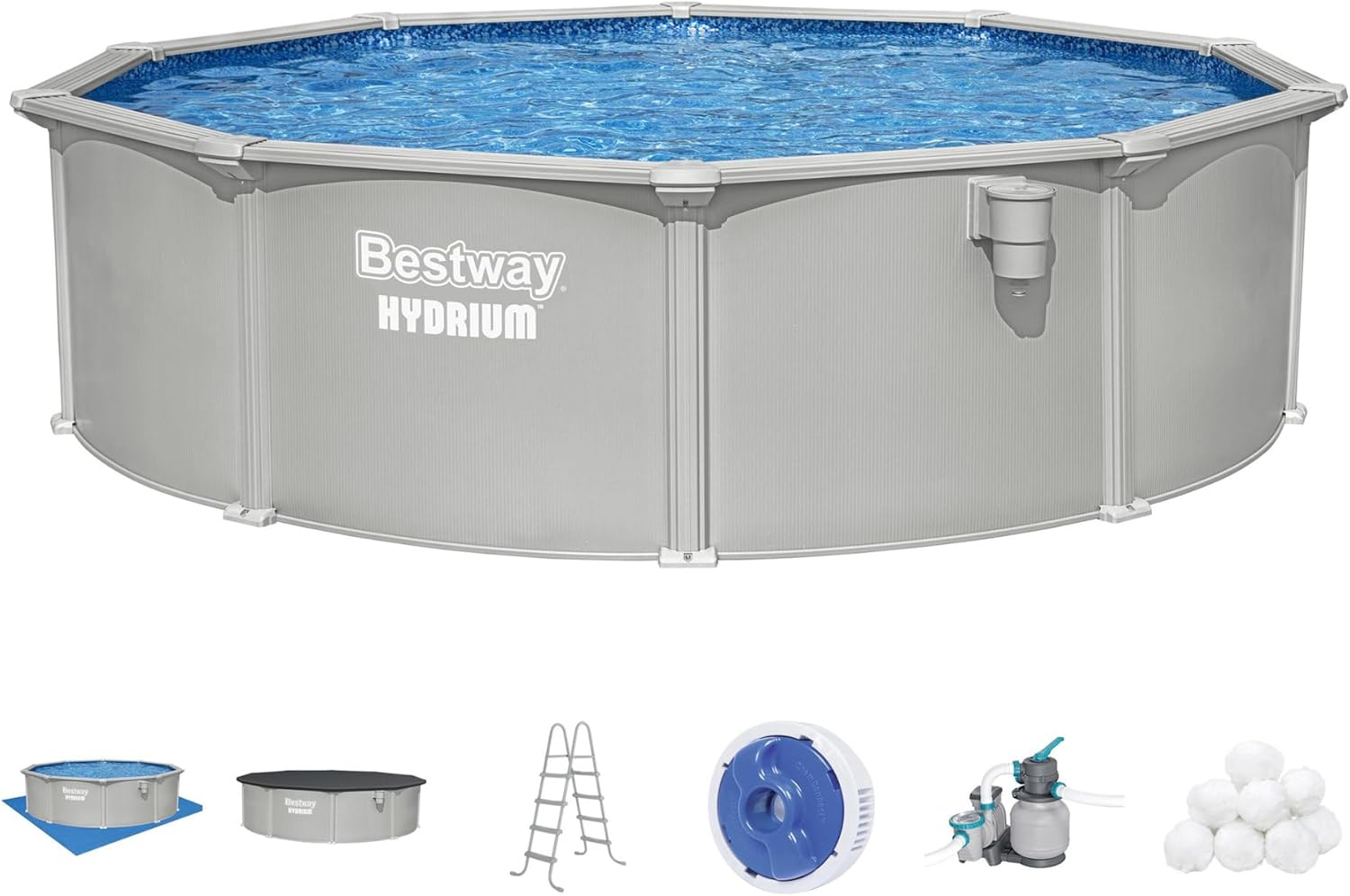 Hydrium Above Ground Swimming Pool, 15' x 48" Round Steel Wall Pool Set with Sand Filter Pump, Chemical Dispensers, and Accessories