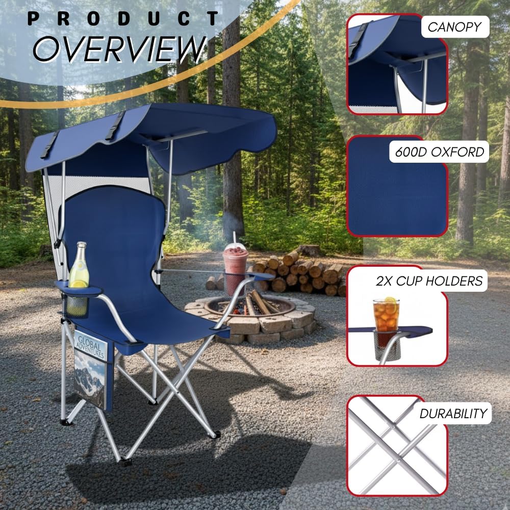 Portable Folding Camping Chairs with CanopyShade, Beach Chair for Adults, DurableWeather Resistant 600D Oxford Cloth,Camping Chair with Canopy for Outdoors
