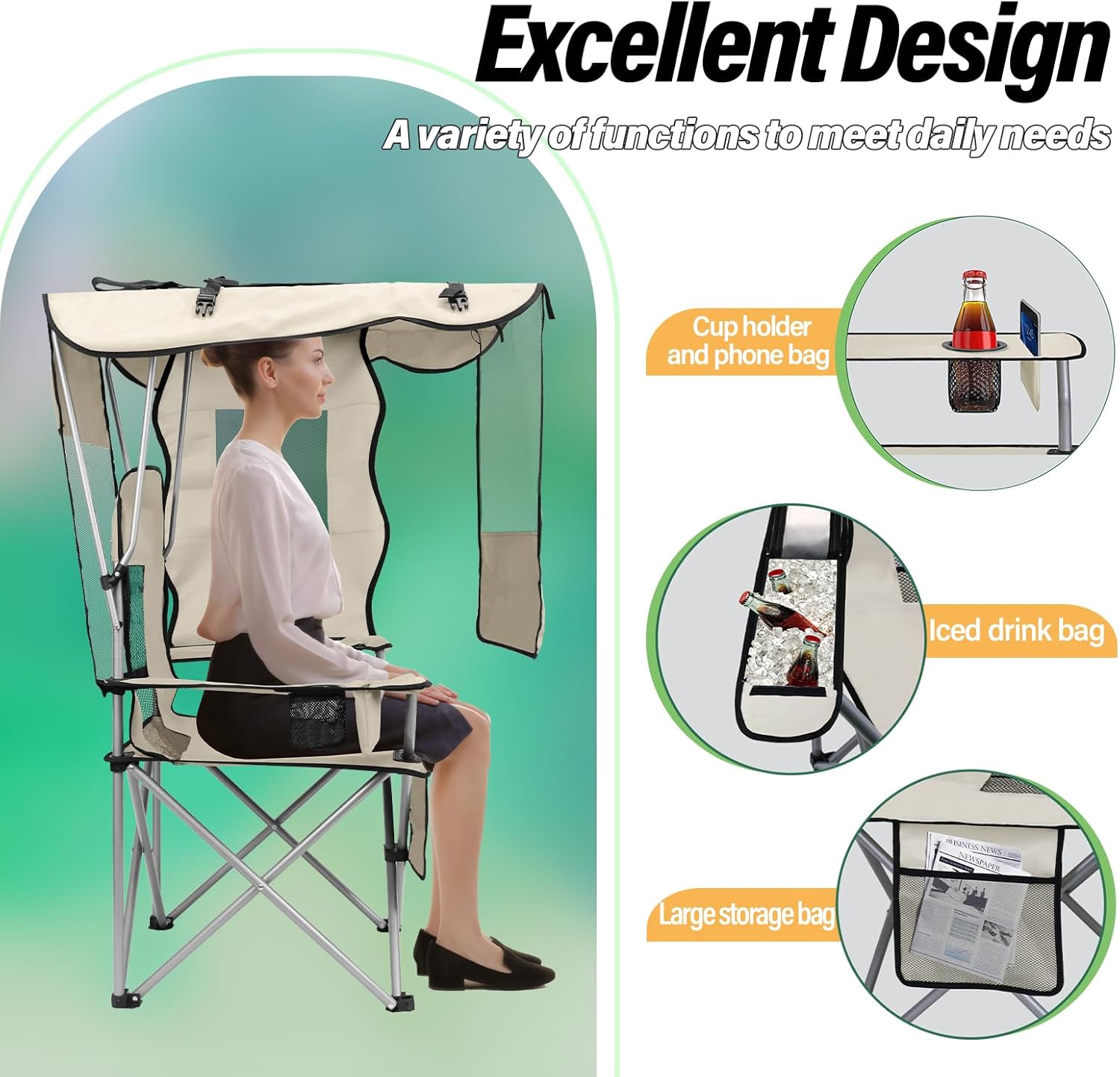 Camping Chair with Canopy Shade Portable Folding Beach Chairs with Cooler, Mesh Backrest, Cup Holder, and Pocket for Camping, Fishing, Beach, and Sports