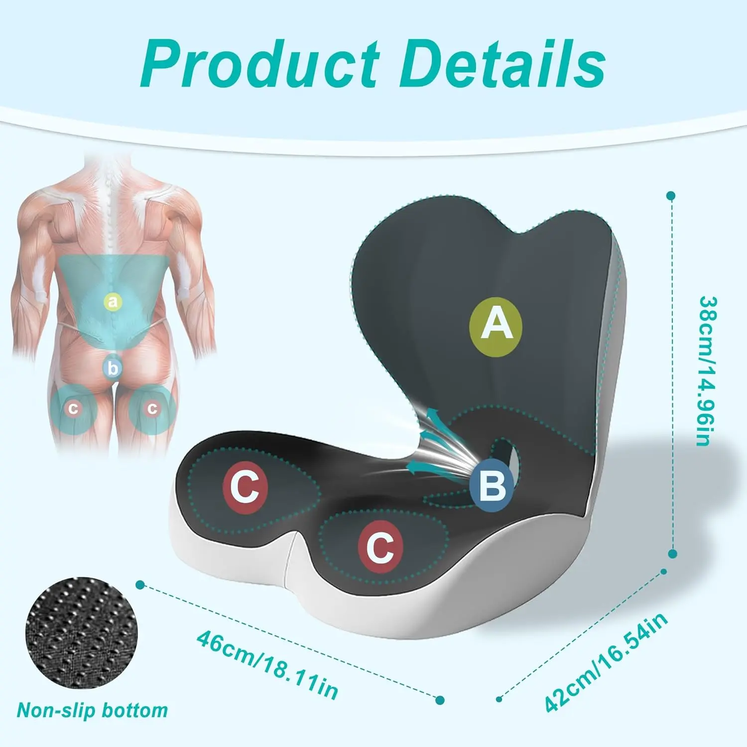 Ergonomic 2-in-1 Memory Foam Seat Cushion & Back Support Pillow - Non-Slip Tailbone Office Chair Pad for Sciatica & Lower Back Pain Relief, Car Drives Gift