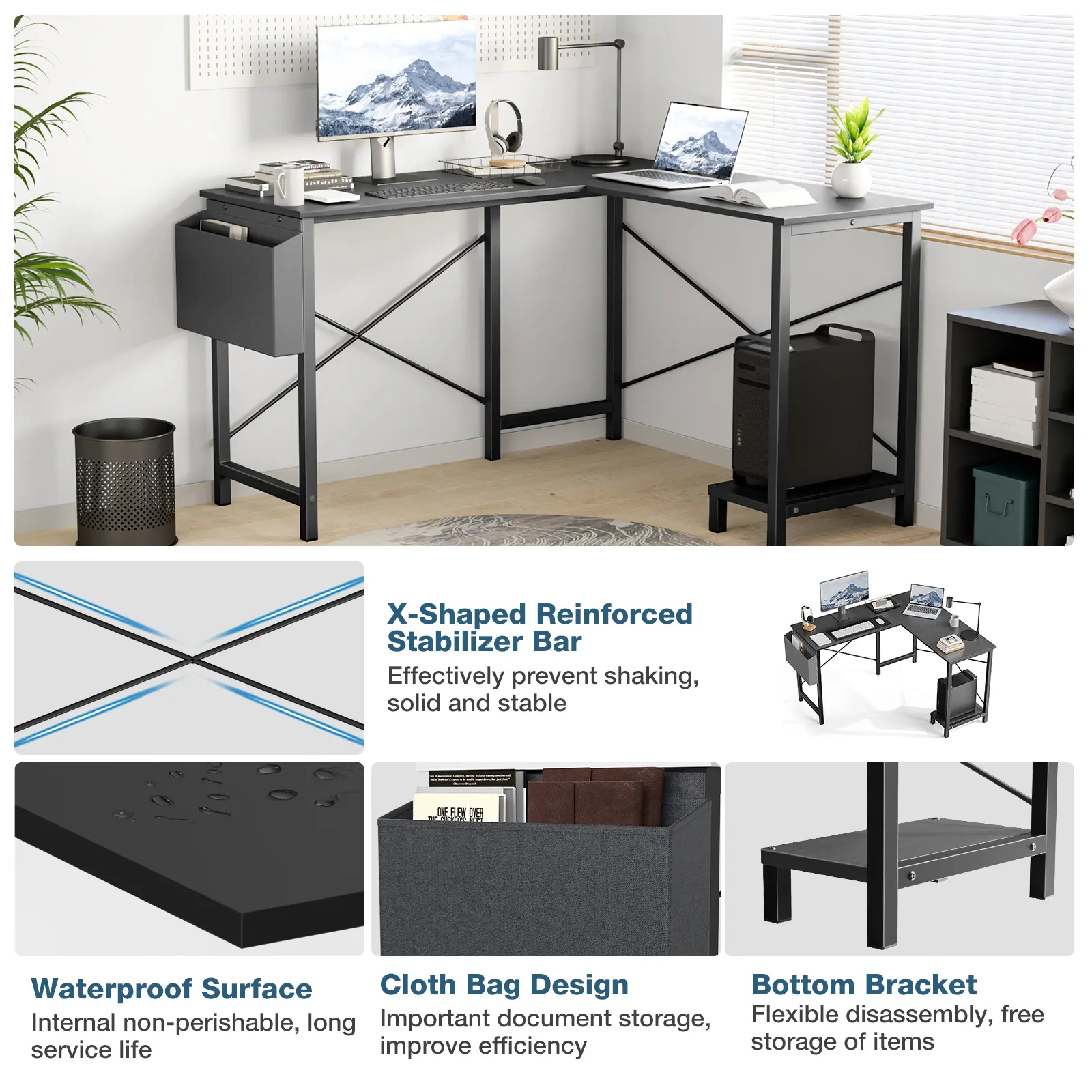 L-Shaped Computer Desk – Spacious Corner Workstation with CPU Stand, Storage Bag & Sturdy Design for Home Office or Gaming