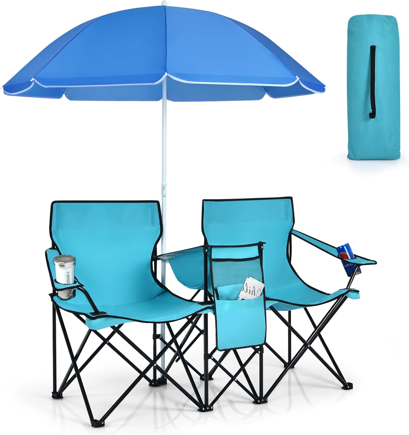 Double Camping Chair, Folding Camp Chair with Removable Umbrella, Cup Holders, Cooler Bag, Side Pocket & Carry Bag, 2-Person Beach Chair for Outdoor, Sports, Concerts, Travel, Picnic