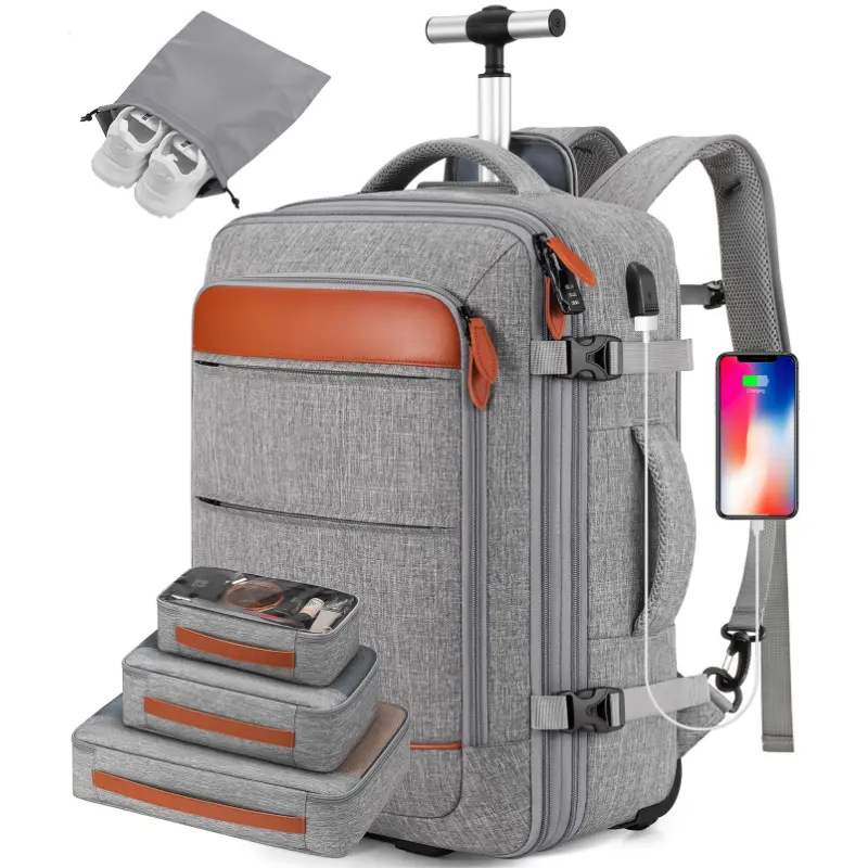 Rolling Backpack with Wheels 17.3 Inch Carry-On Laptop Backpack for Men Women Large Capacity Durable Travel Backpack with USB Port & Anti-Theft Features
