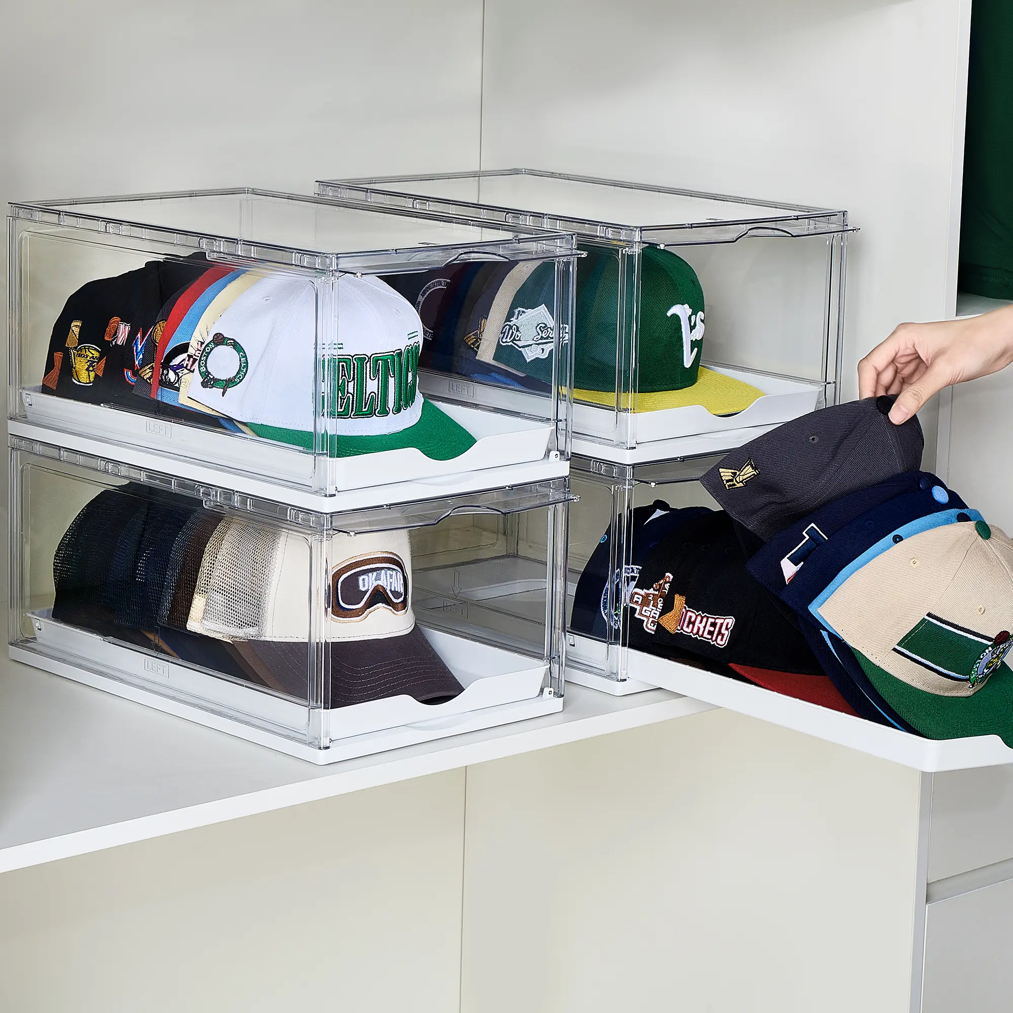 Father’s Day Gift – Stackable Hat Organizer with Clear Display, Sliding Drawer & Magnetic Door, Holds up to 12 Caps Each
