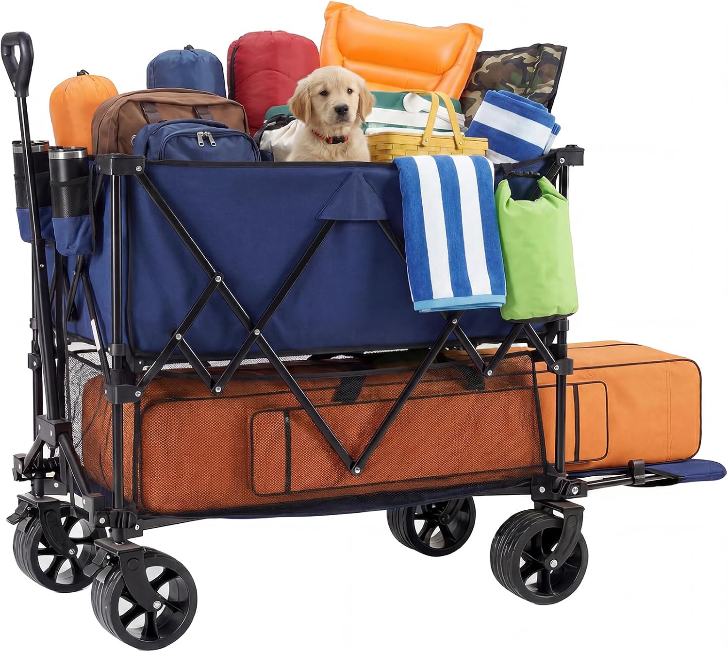 Large Capacity Folding Double Decker Wagon with Brakes, 440lbs Wagons Carts Foldable Wagon Cart with Flexible Handle