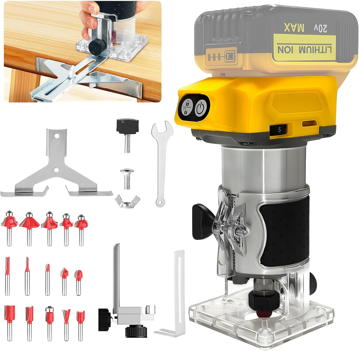 Cordless Wood Router Trimmer for  20V Battery, 6 Speeds Wood Trimmer Set, 800W 30000 RPM Brushless Motor Hand Palm Router(NO Battery)