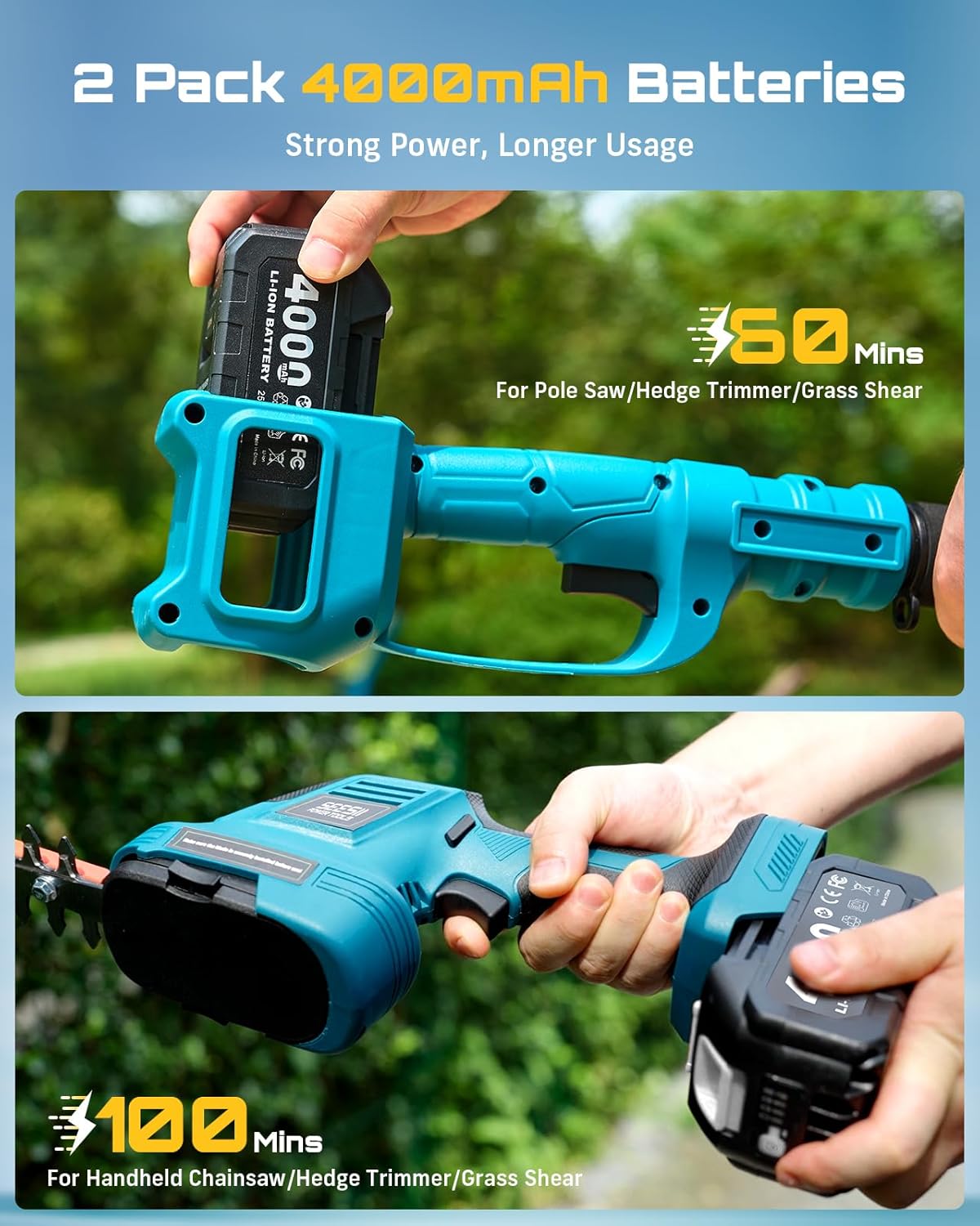 6-in-1 Cordless Pole Saw & Hedge Trimmer Combo, Electric Mini Chainsaw with 2×4.0 Ah Batteries, Extendable Tree Pruner, Bush Trimmer Limb Branch Cutter, Grass Shears, 15Ft Long Reach