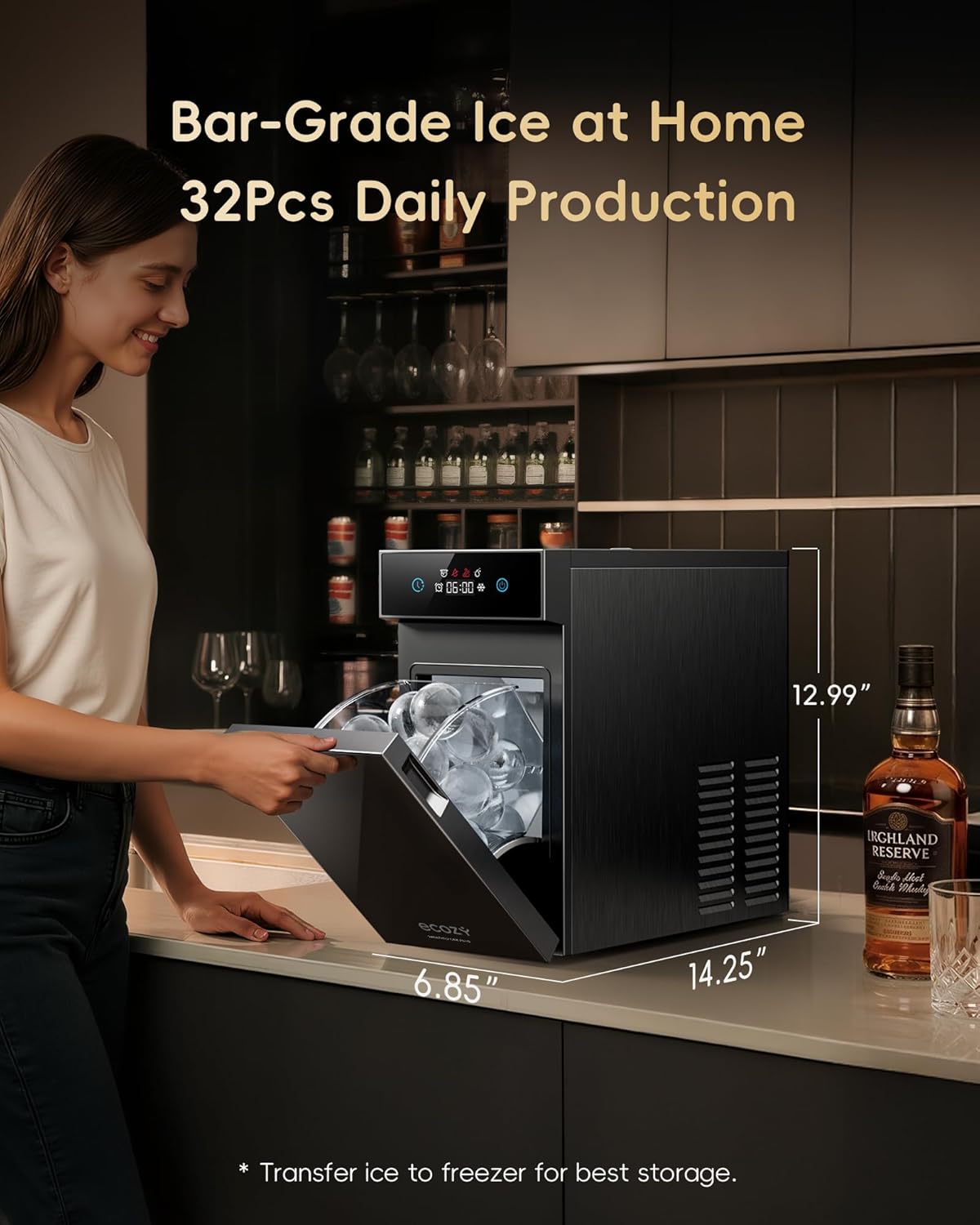 2.4" Clear Ice Ball Maker Countertop with CrystalFlux Technology, Minimal Footprint Sphere Ice Maker with 8H Timer, 1 pcs in 40 Mins, 32 pcs/Day, Self-Cleaning for Home Bar Whiskey & Bourbon