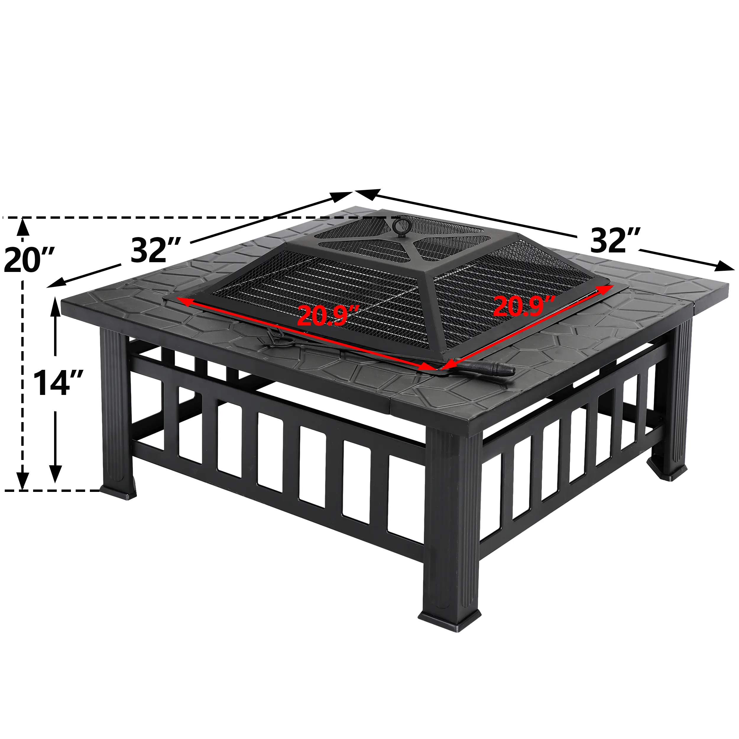32-inch square heavy-duty steel frame wood-burning tabletop fire basin set, outdoor patio furniture, backyard decoration, suitable for family gardens, camping essential.