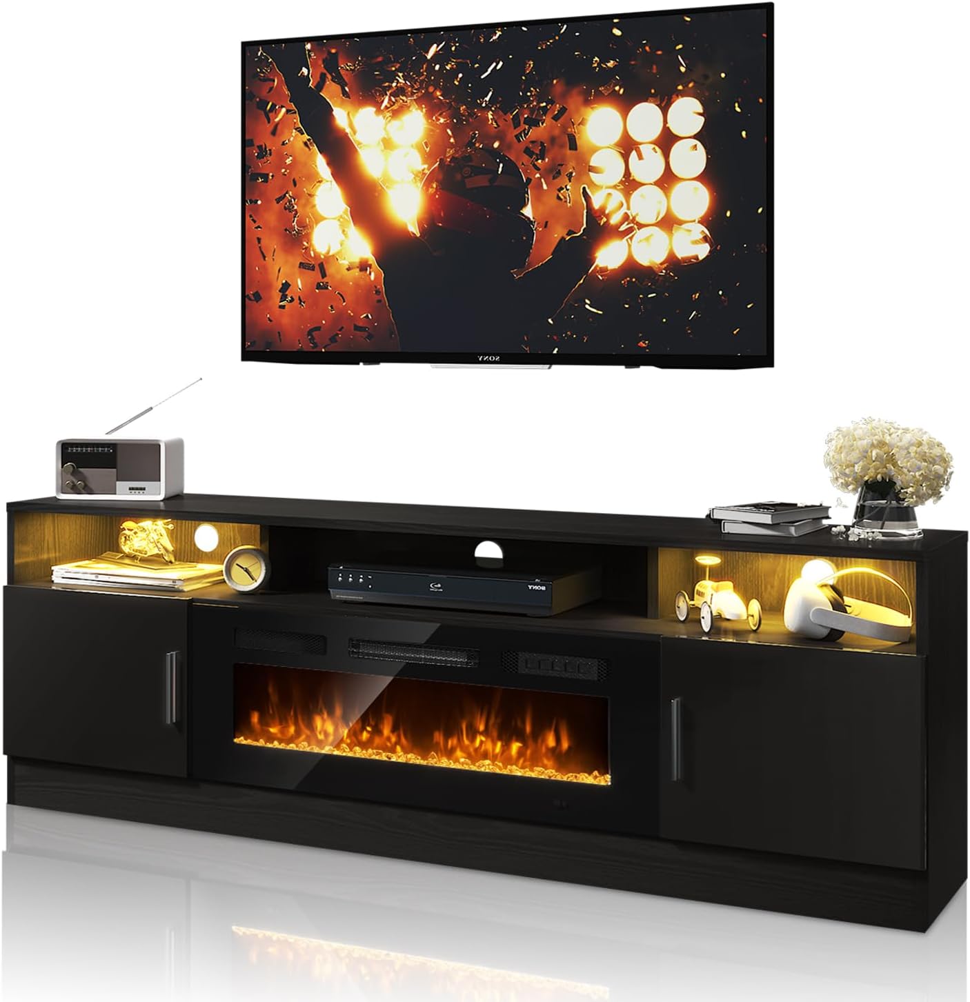 80" Fireplace TV Stand with Power Outlet, Entertainment Center with 36" Fireplace for TVs Up to 90", Modern TV Console for Living Room with High Gloss Storage Cabinet & LED Lights