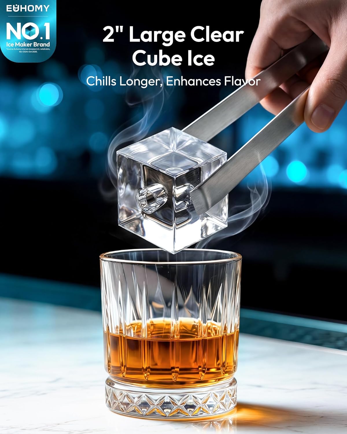 2'' Clear Ice Cube Maker Countertop with APP, 2 Square Ice Ready in 27 Mins for Whiskey, Slow-Melting & Self-Cleaning, 110 Pcs/Day, 24H Timer, Clear Ice Maker with Ice Tong for Home/Bar/Party